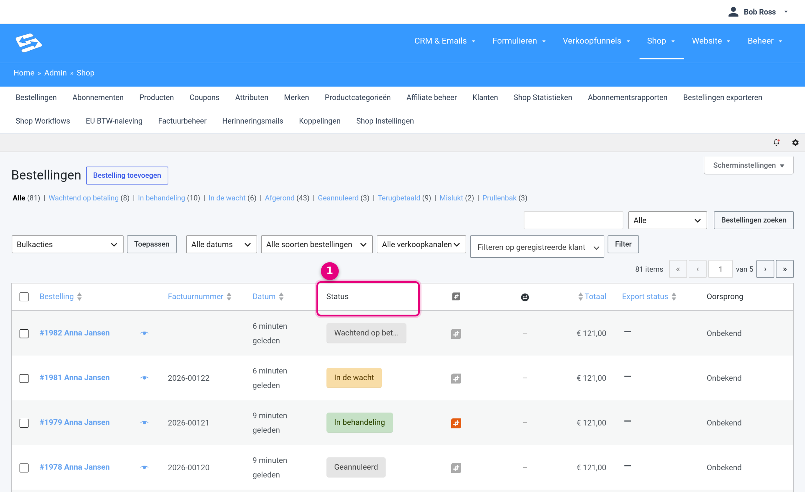 The orders overview with the status column