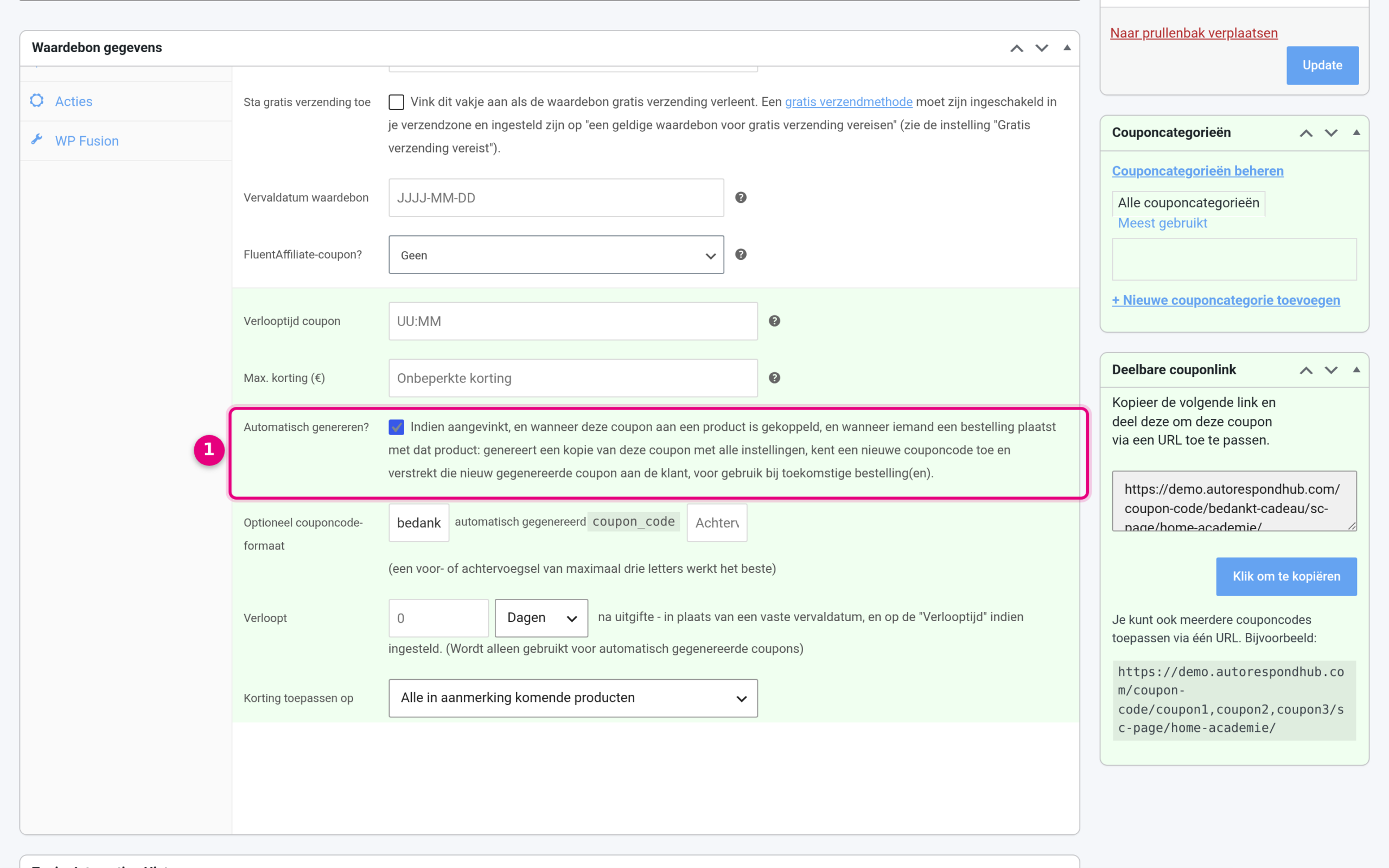The coupon settings with the Auto generate box ticked