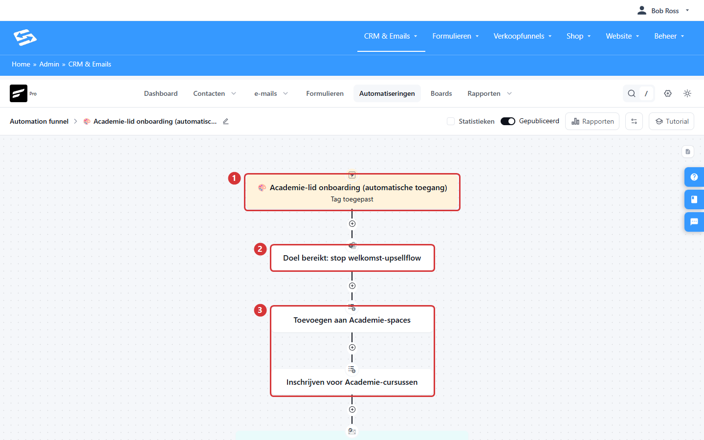 Automation with the trigger Tag applied (1), the stop step for the upsell flow (2) and the onboarding actions that grant access (3)