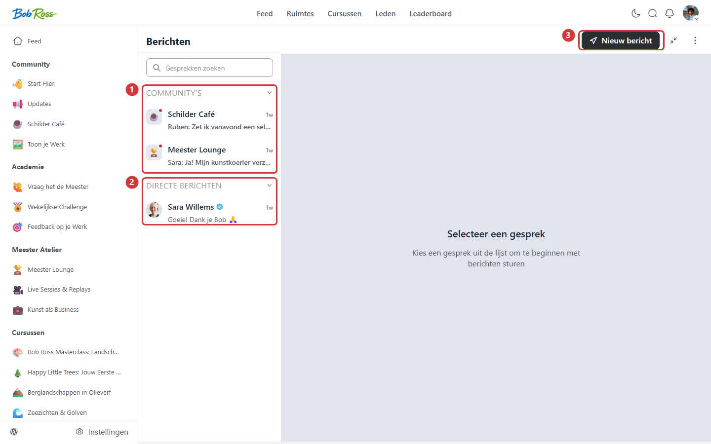 The chat with space channels (1), direct messages (2) and the button for a new message (3)