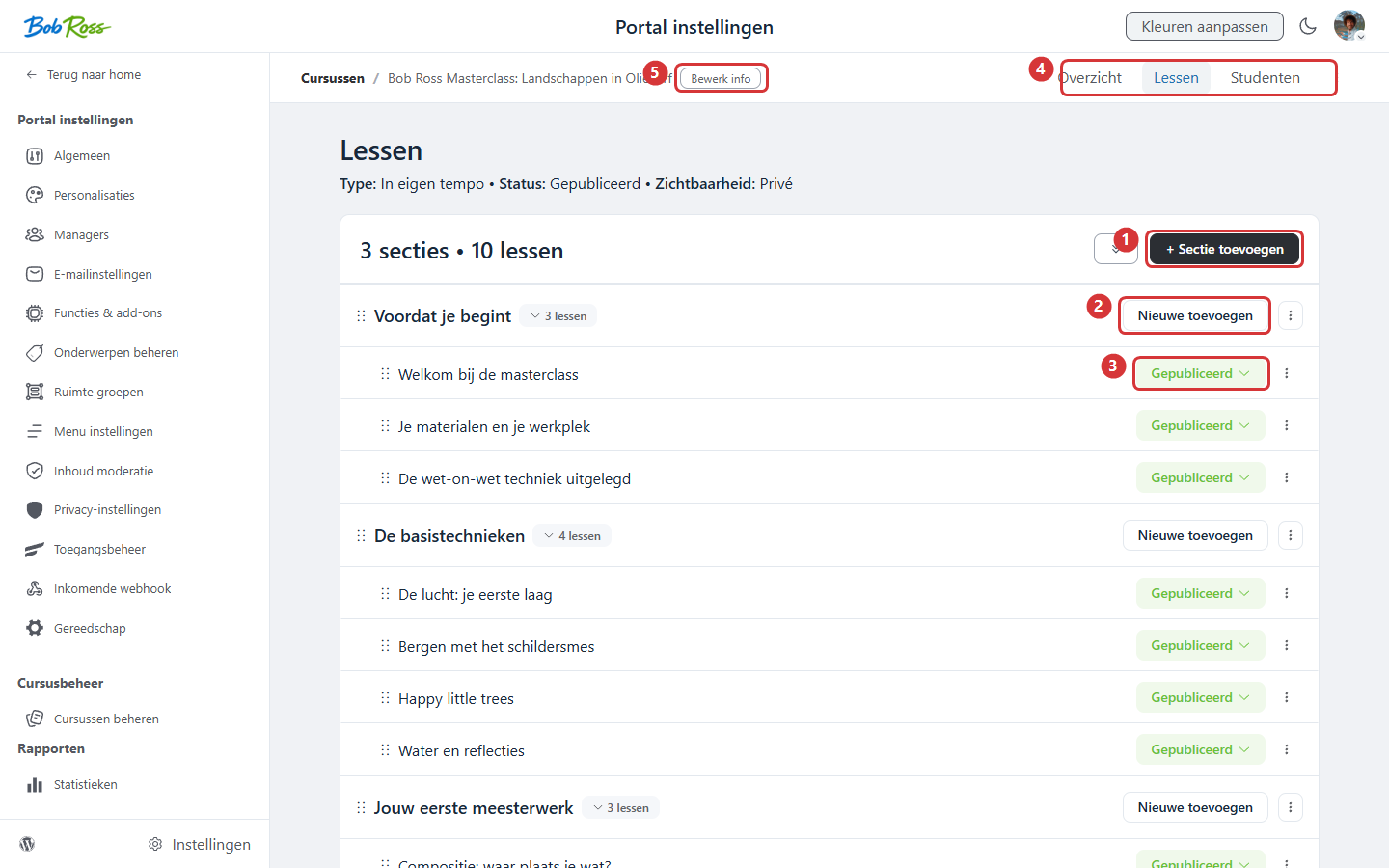 Lesson management of a course: add section (1), add lesson (2), status per lesson (3), Overview/Lessons/Students tabs (4) and edit course info (5)