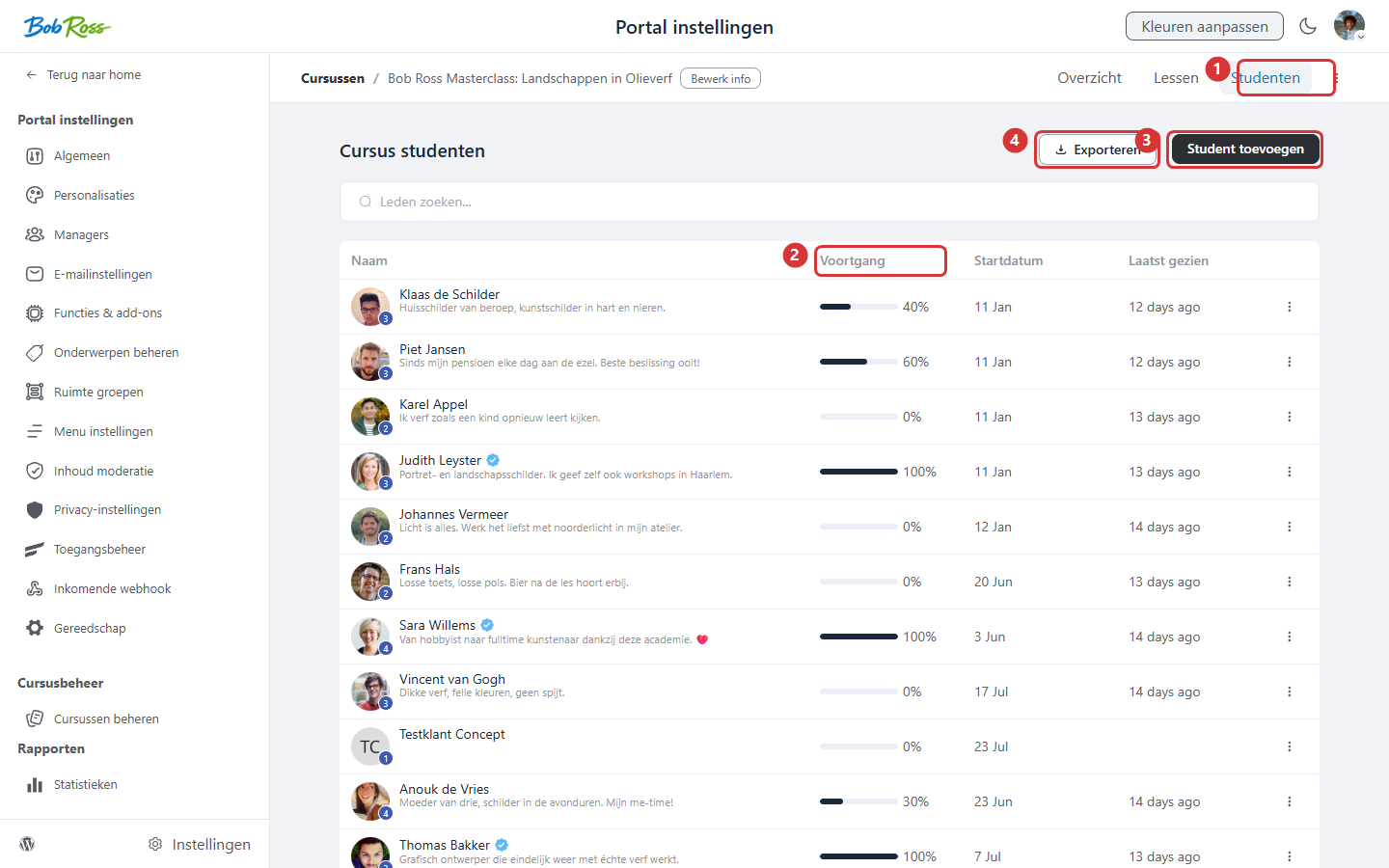 Student overview of a course: Students tab (1), Progress column with percentages (2), add student (3) and export (4)