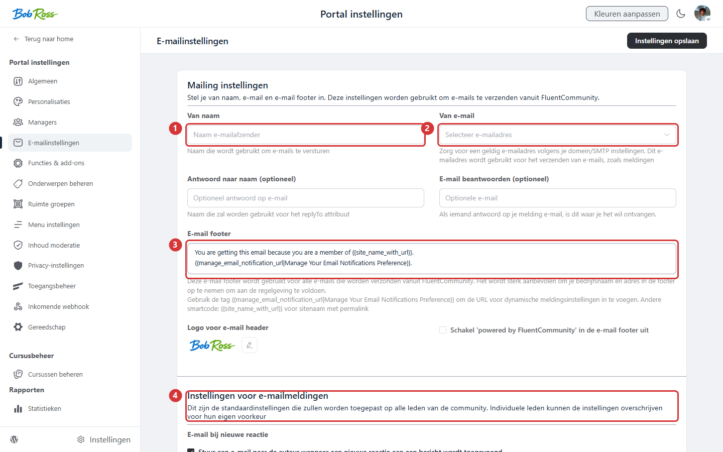 Email settings of the community: sender name (1), sender address (2), email footer (3) and the default notification settings (4)