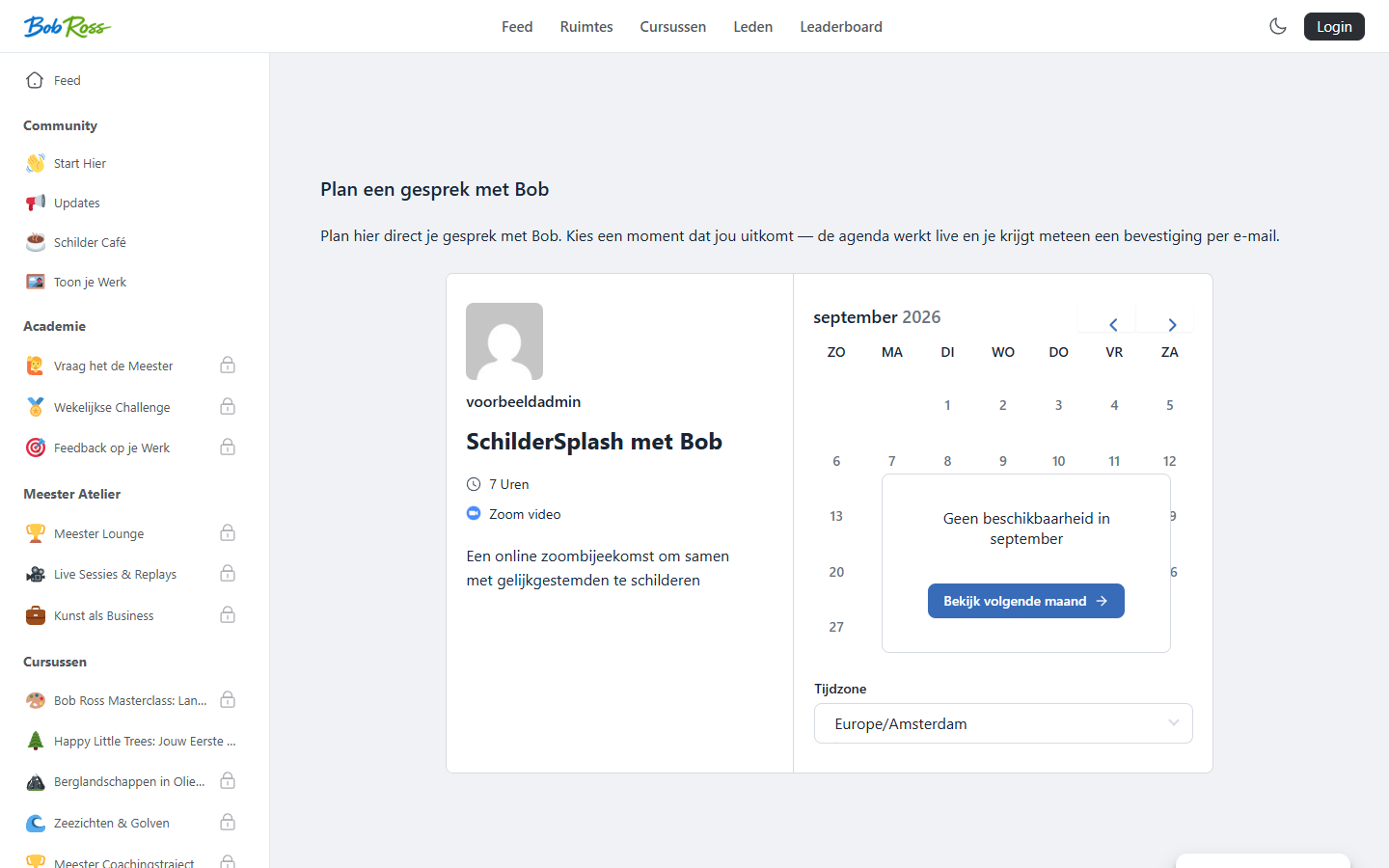 A page with a booking form shown inside the community portal