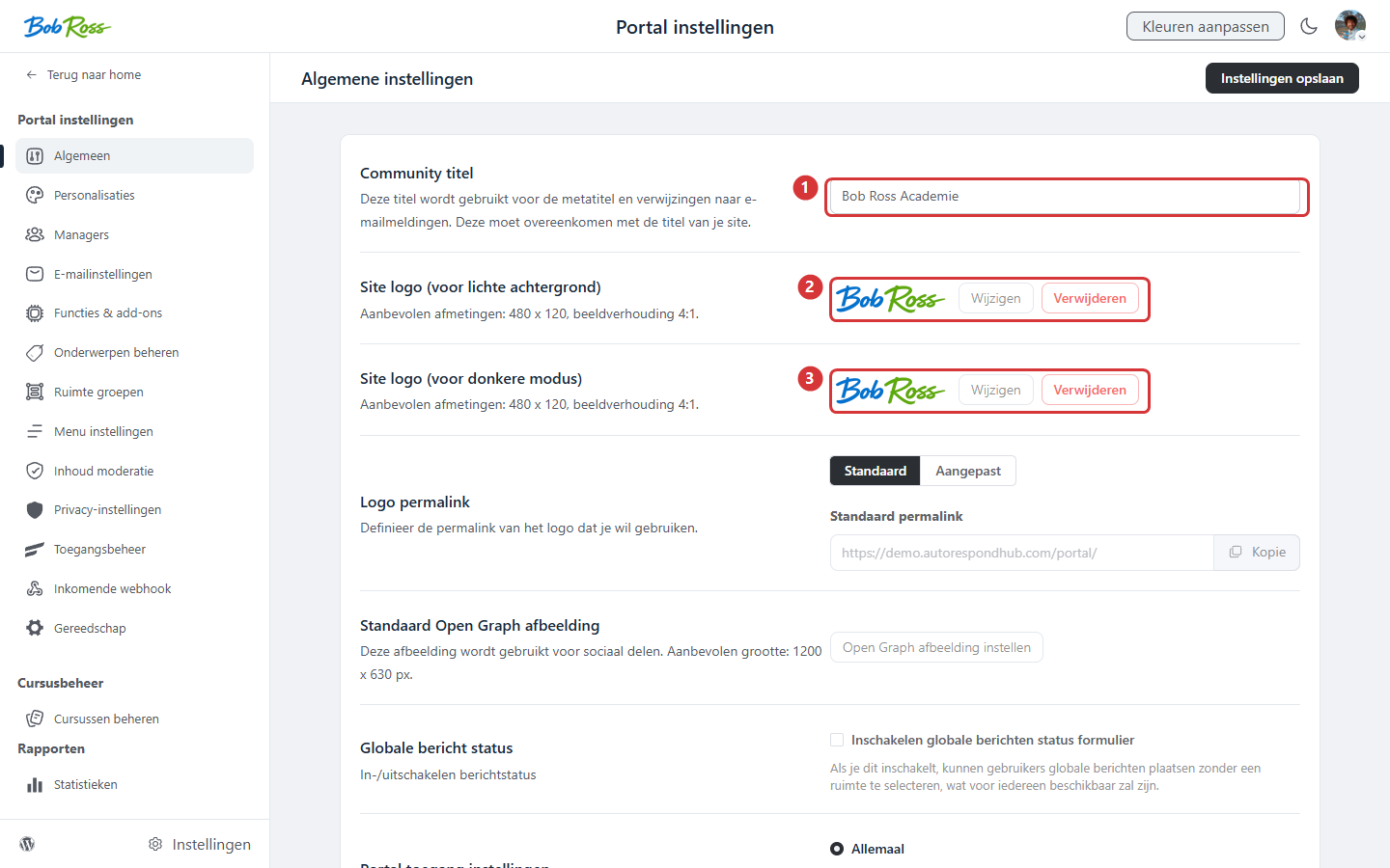 General settings of the community portal with title (1), logo for a light background (2) and logo for dark mode (3)