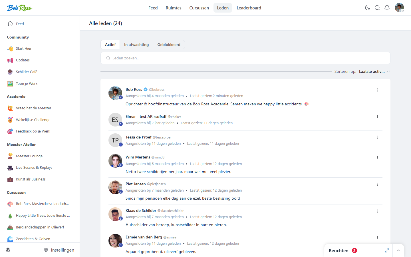 The member overview of the community with profile photo and recent activity