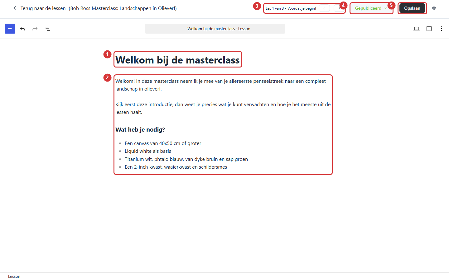 The lesson editor with lesson title (1), lesson content in the block editor (2), navigation between lessons (3), publication status (4) and save (5)