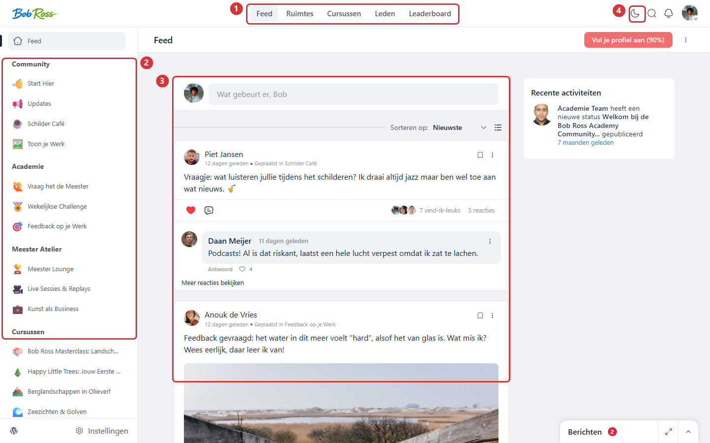 The community portal with main menu (1), sidebar with space groups (2), the feed (3) and the dark mode button (4)