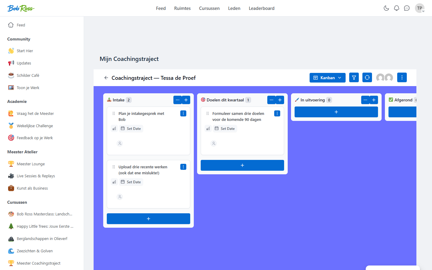 A personal project board inside the portal with columns for intake, goals, progress and completion