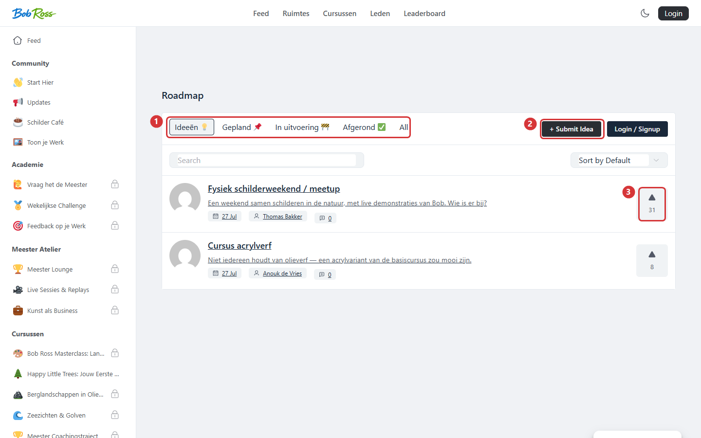 The roadmap with columns per stage (1), the button to submit an idea (2) and votes per idea (3)