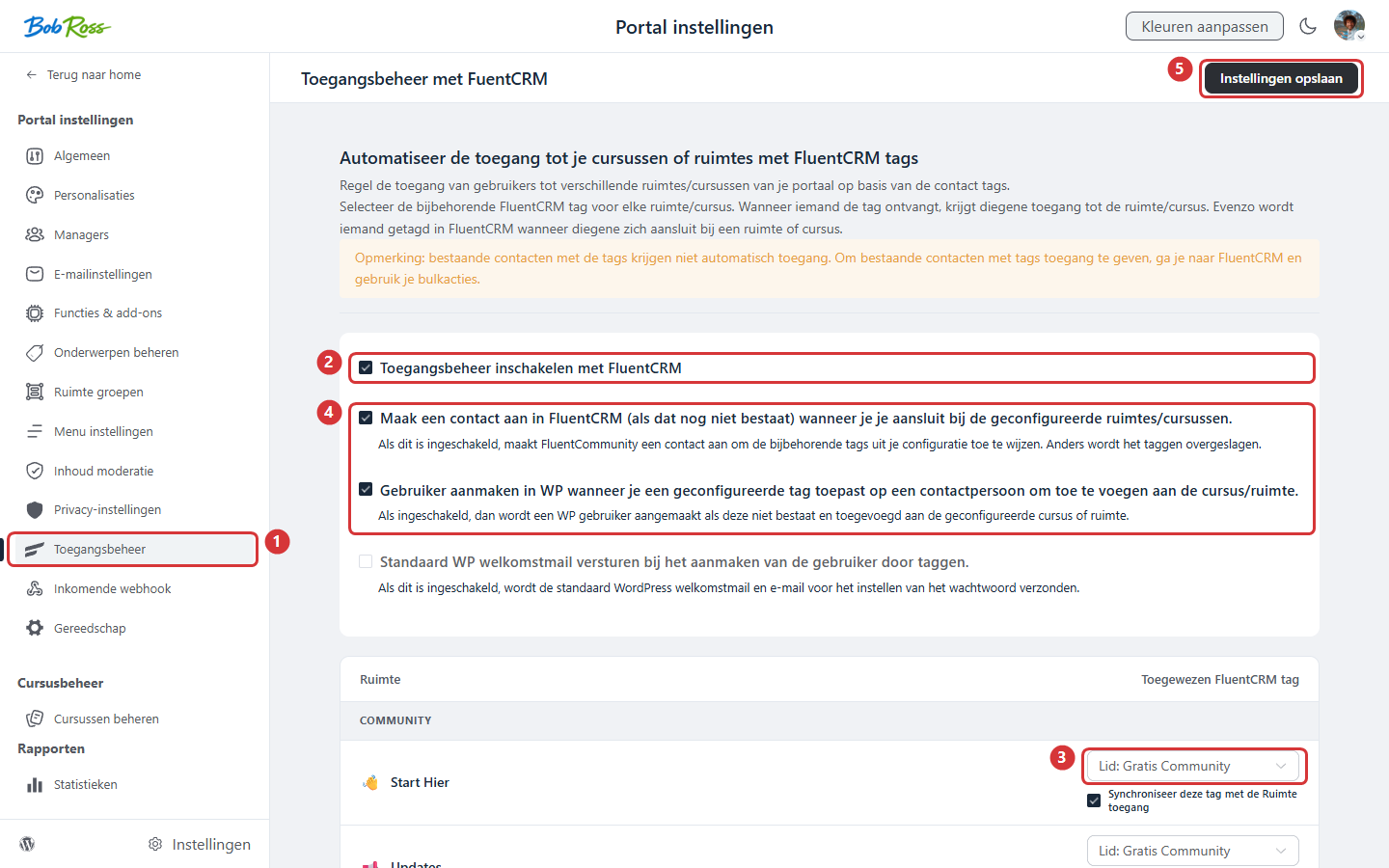 Access control screen: Access control menu item (1), enable the link (2), choose a tag per space (3), options for contact and user creation (4) and save (5)