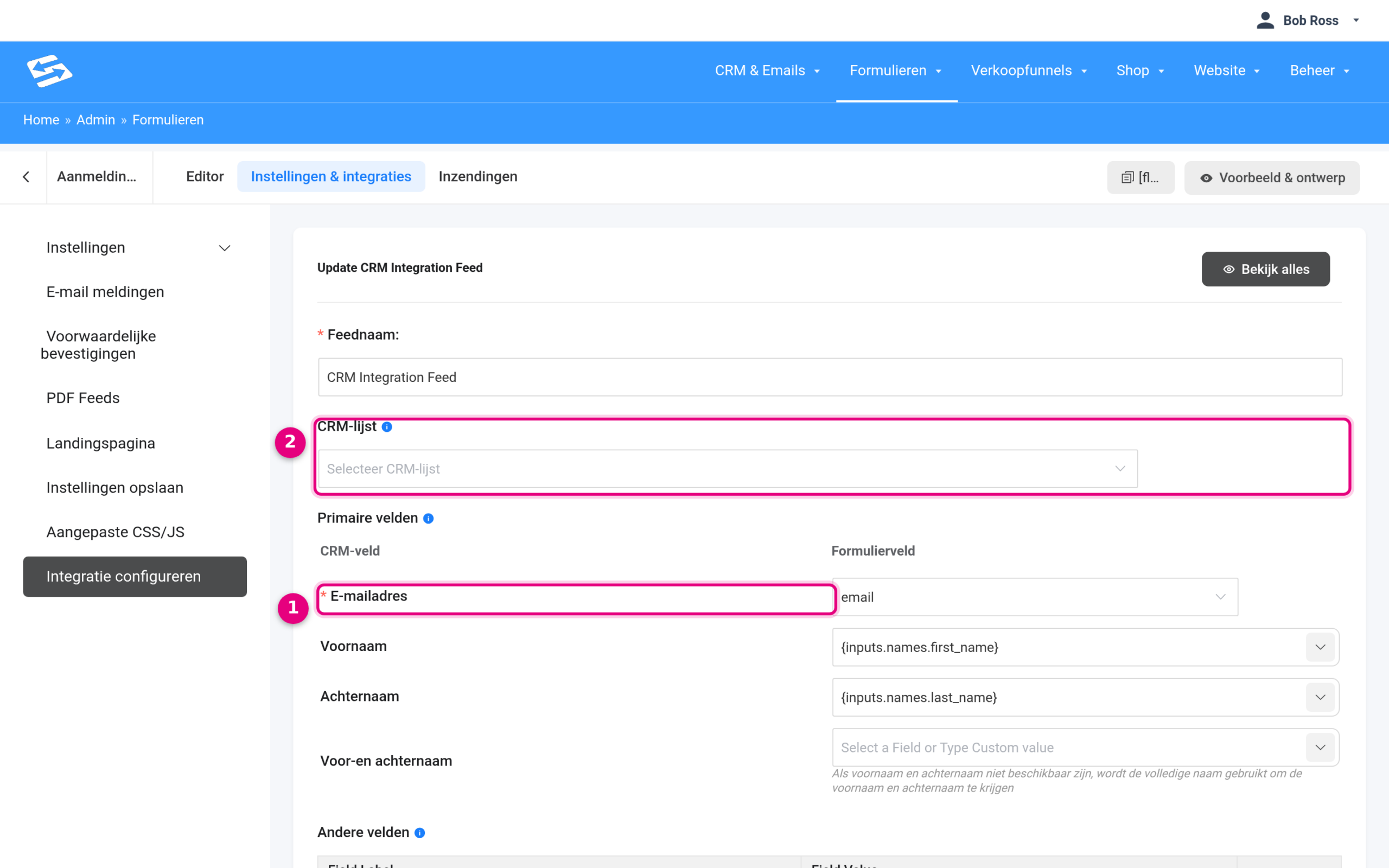 CRM integration feed with the email field already mapped; only the CRM list still needs choosing and saving