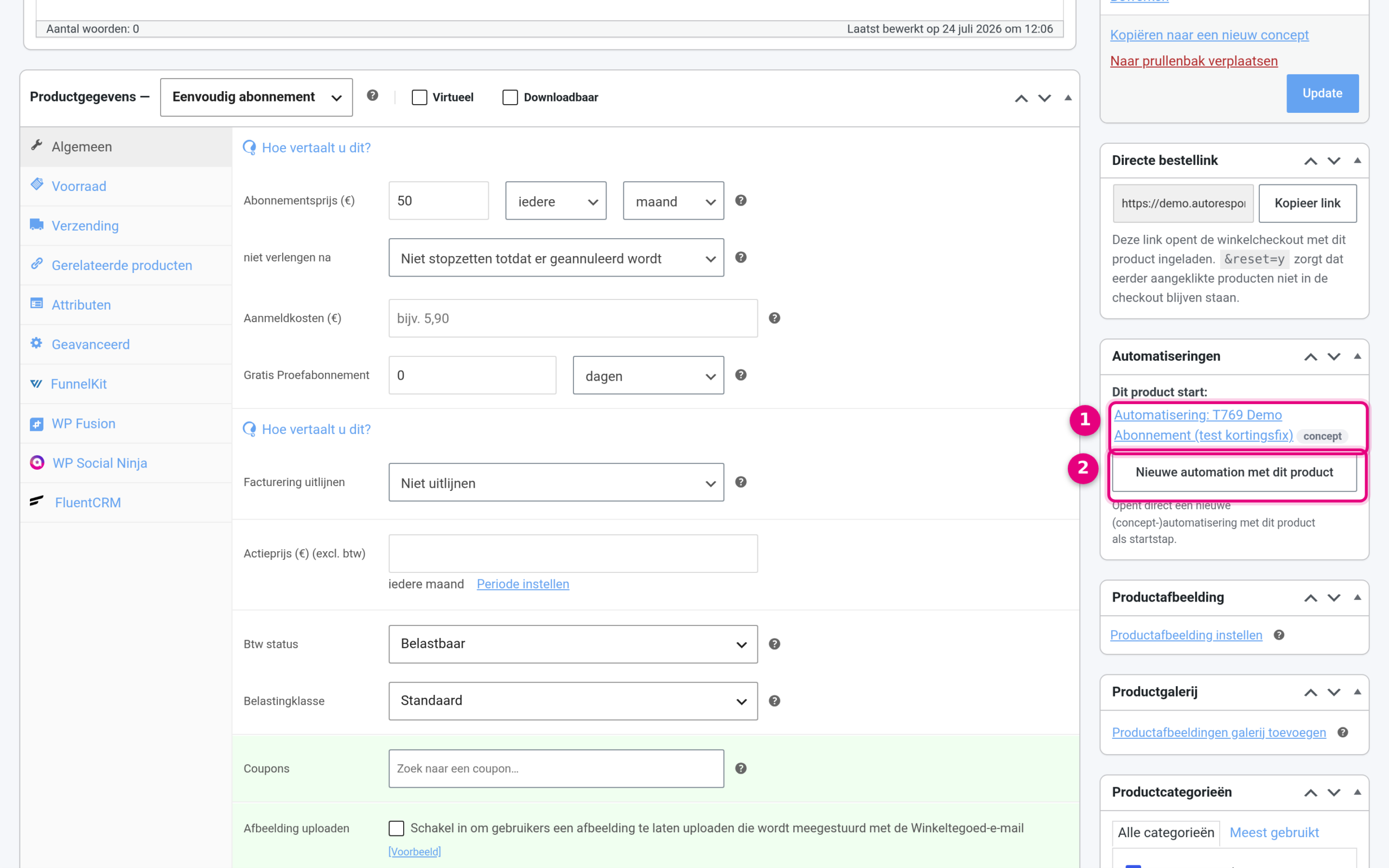 Automations block on the product with the linked automation and the New automation with this product button
