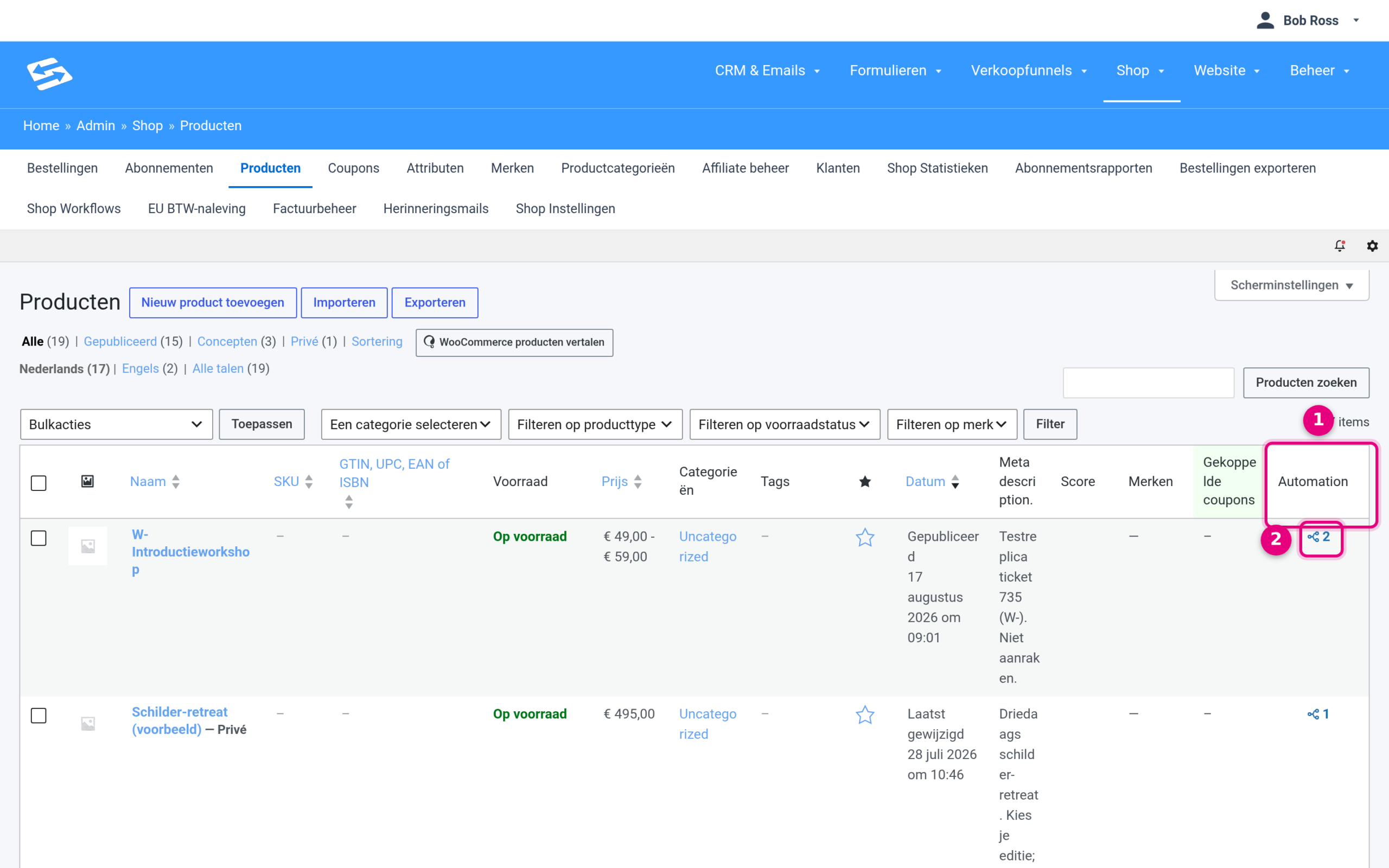 Products overview with the Automation column and the number of automations per product
