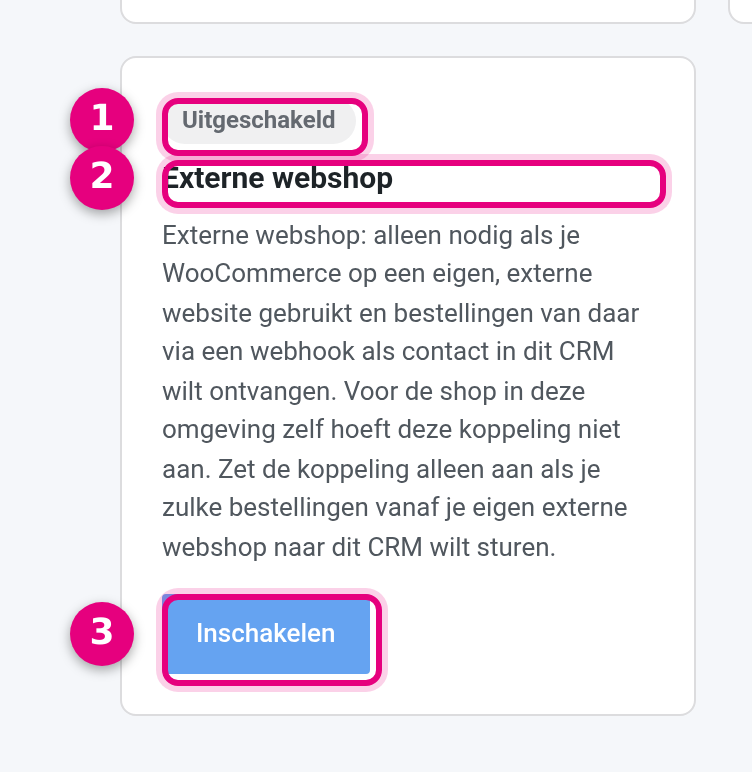 Integrations page with the External webshop tile set to Disabled and the Enable button