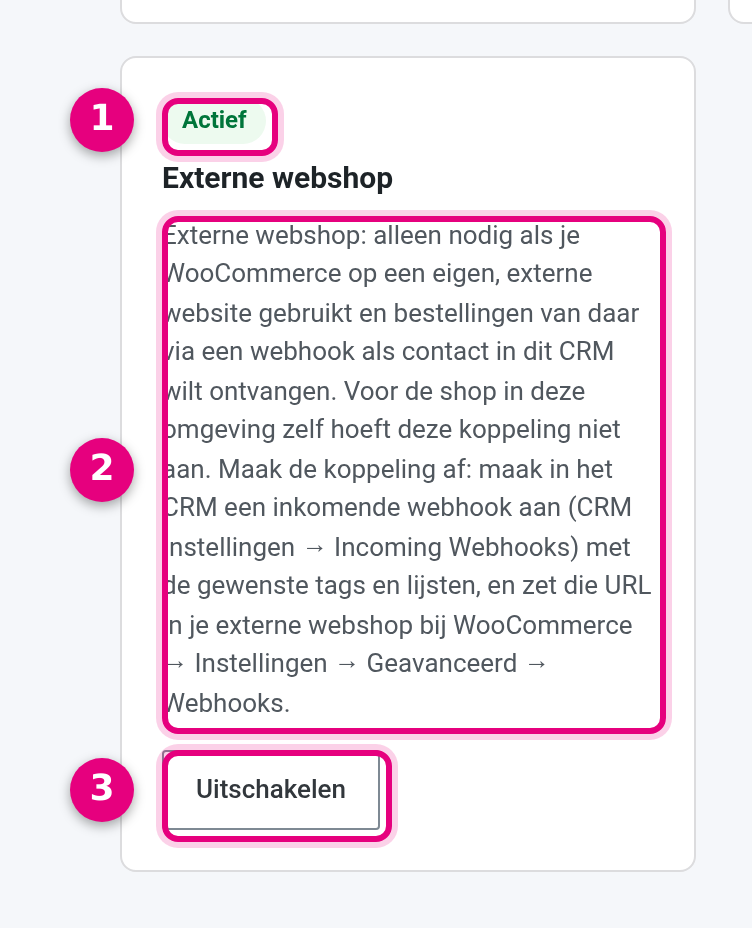 The External webshop tile with the status Active and the next steps in the tile text