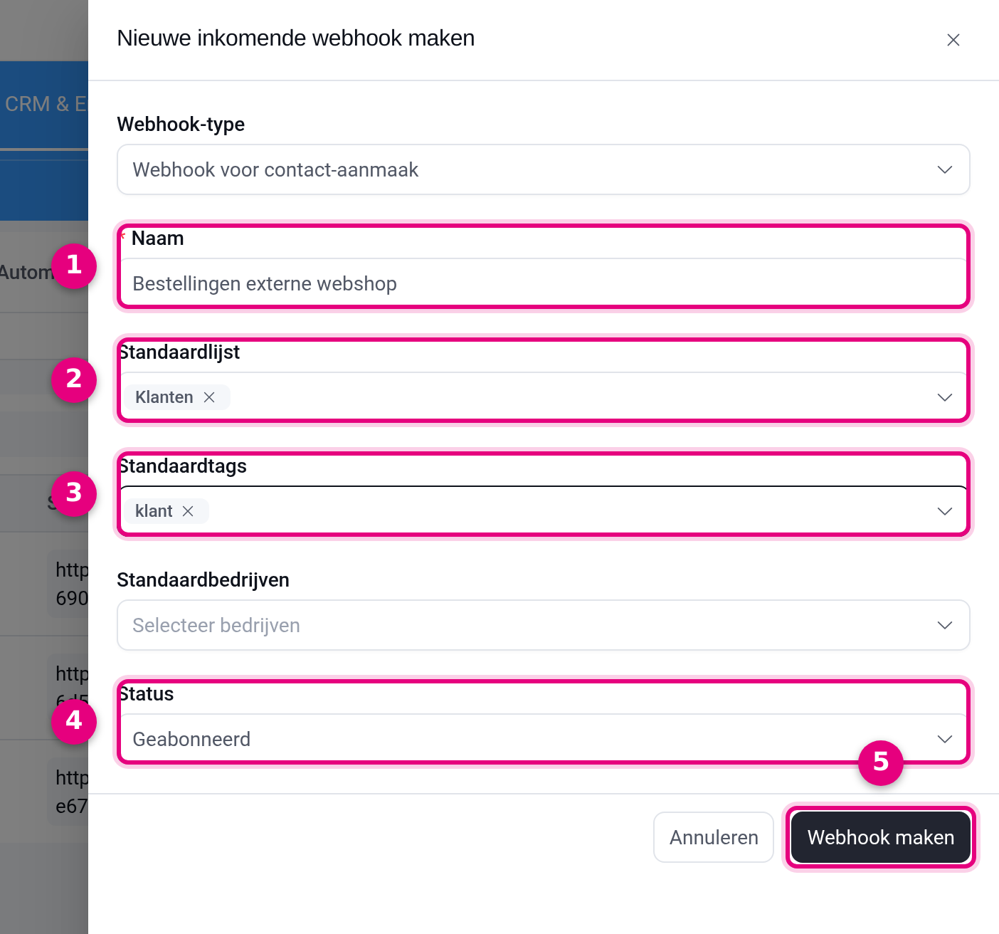Create new incoming webhook form with name, default list, default tags and status