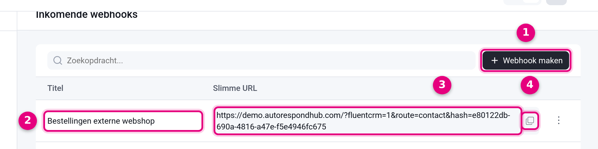 Incoming webhooks overview with the new webhook and the smart URL with a copy button