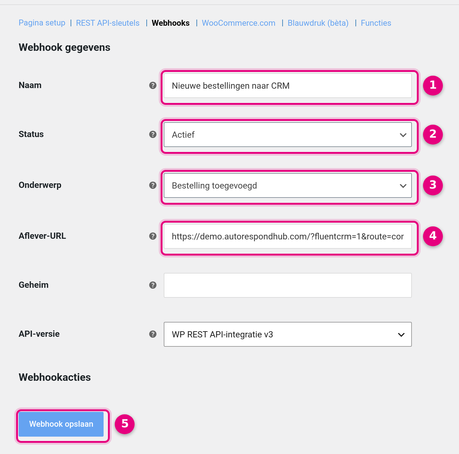 Webhook form in WooCommerce with Name, Status, Topic and Delivery URL filled in