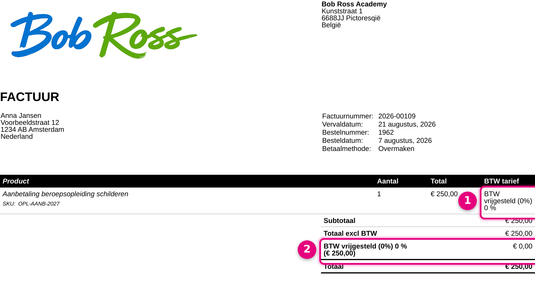 The invoice showing VAT exempt (0%)