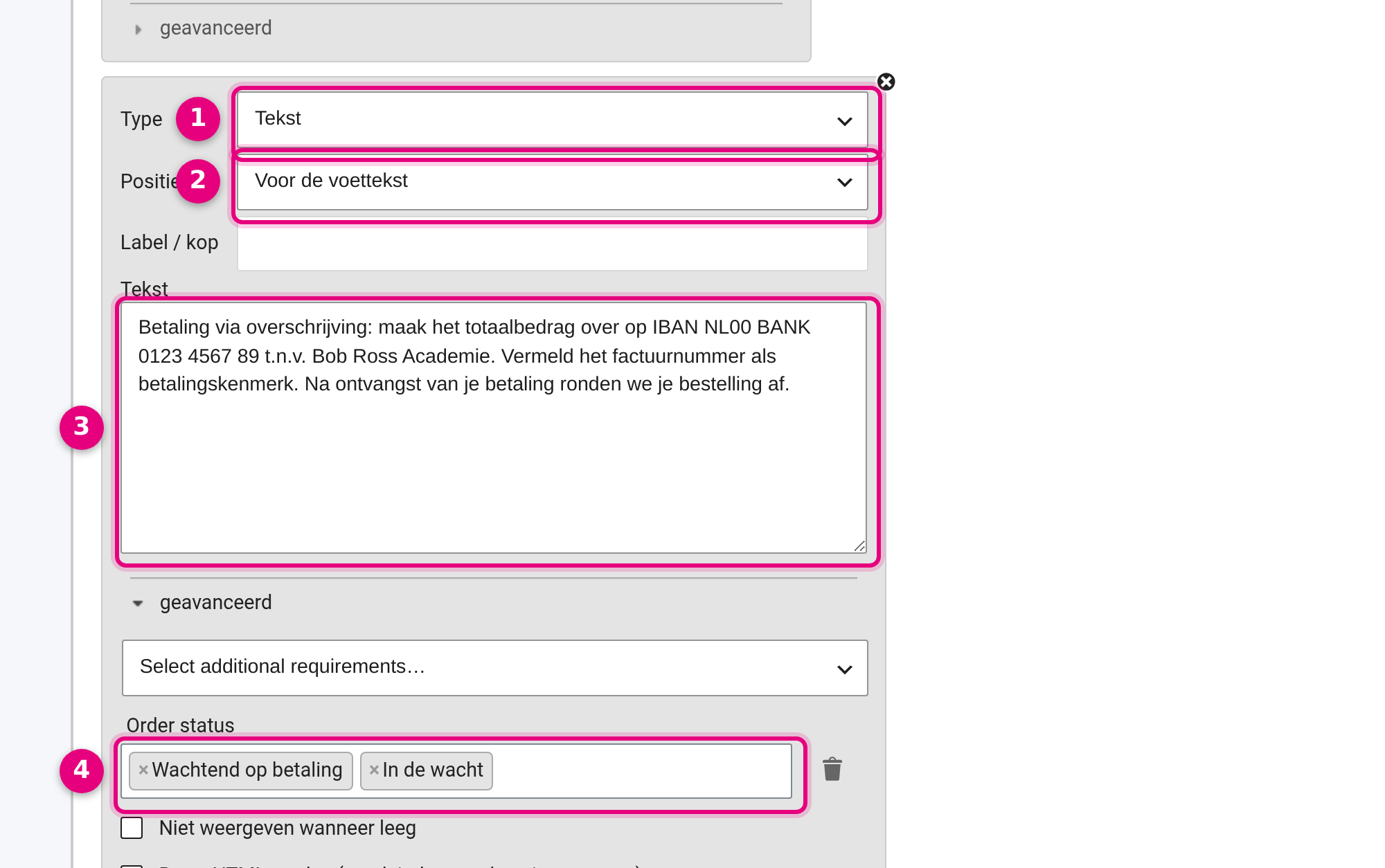 The text block with the payment instruction and the Order status condition