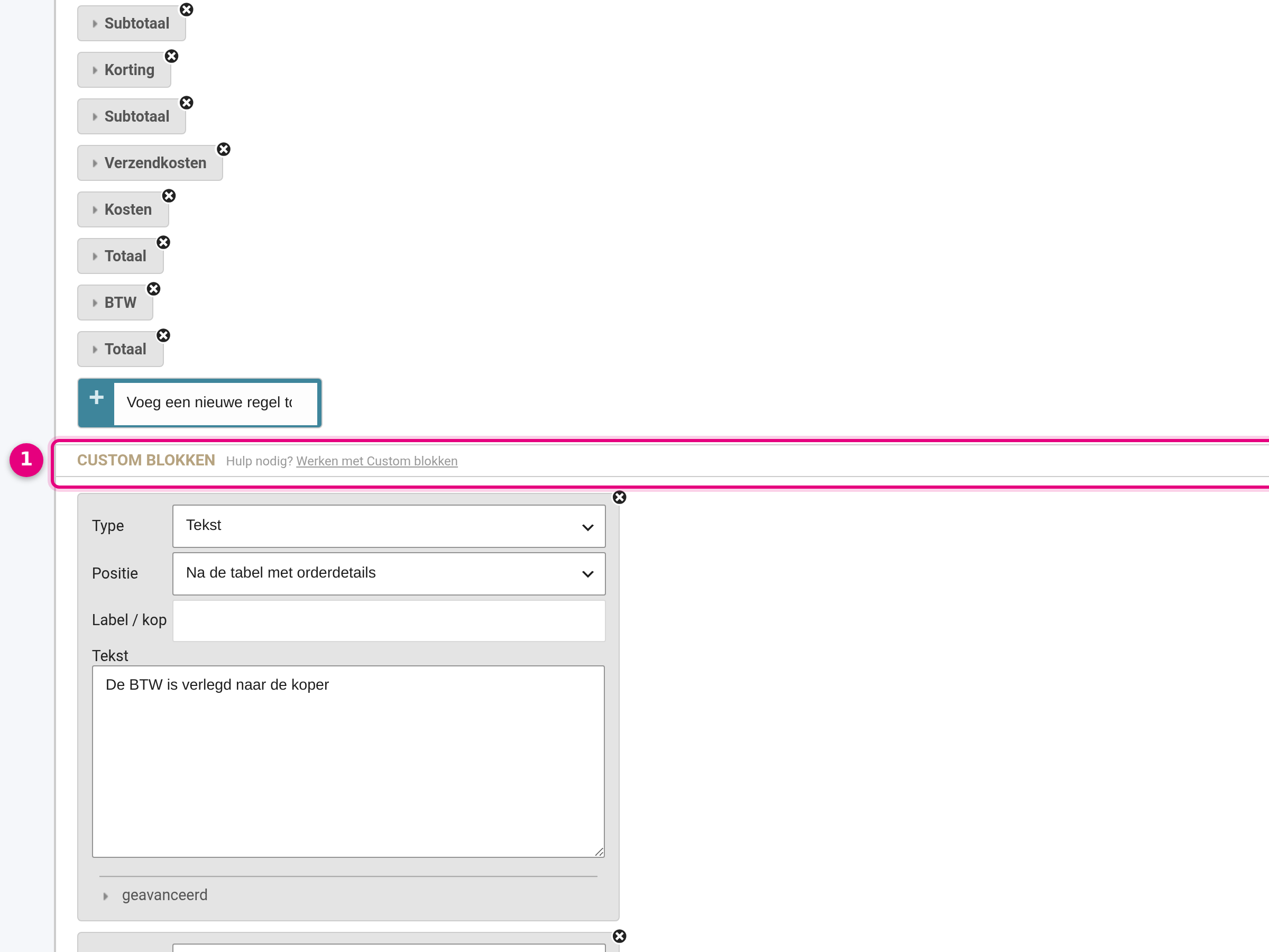 The Custom blocks section in the invoice customizer