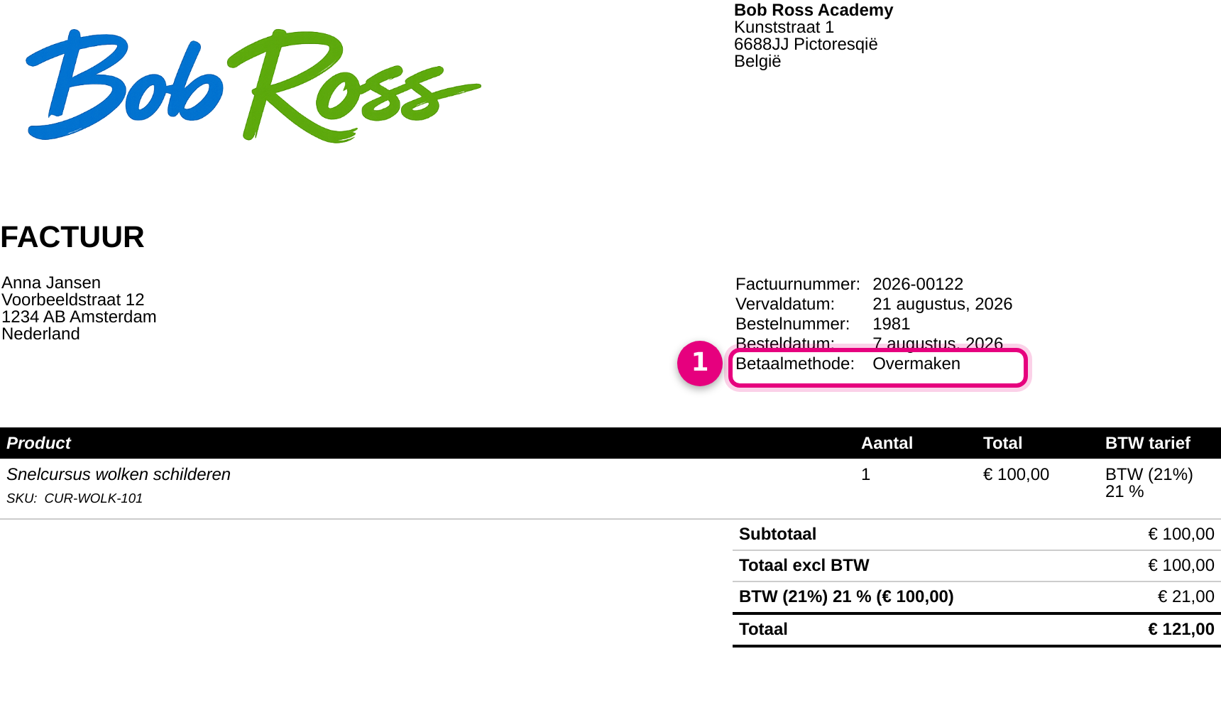 The top of the invoice of a bank transfer order