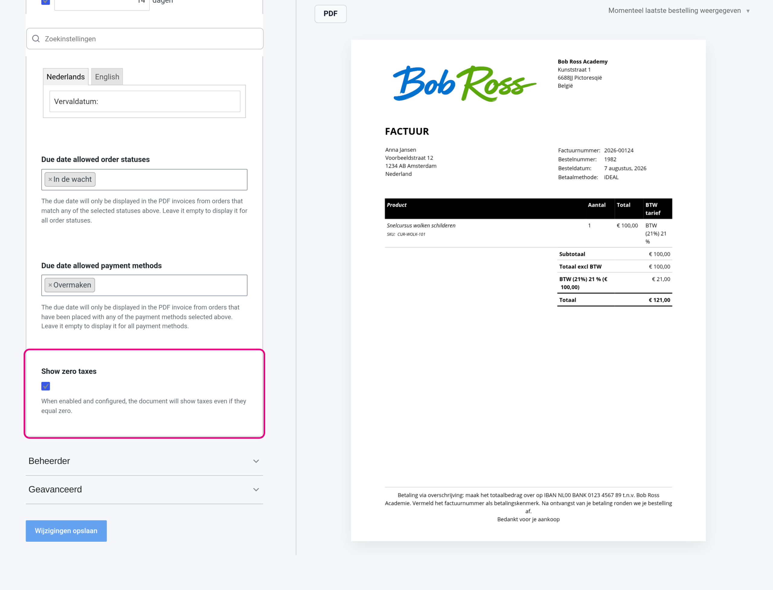 The Show zero taxes setting in the invoice settings