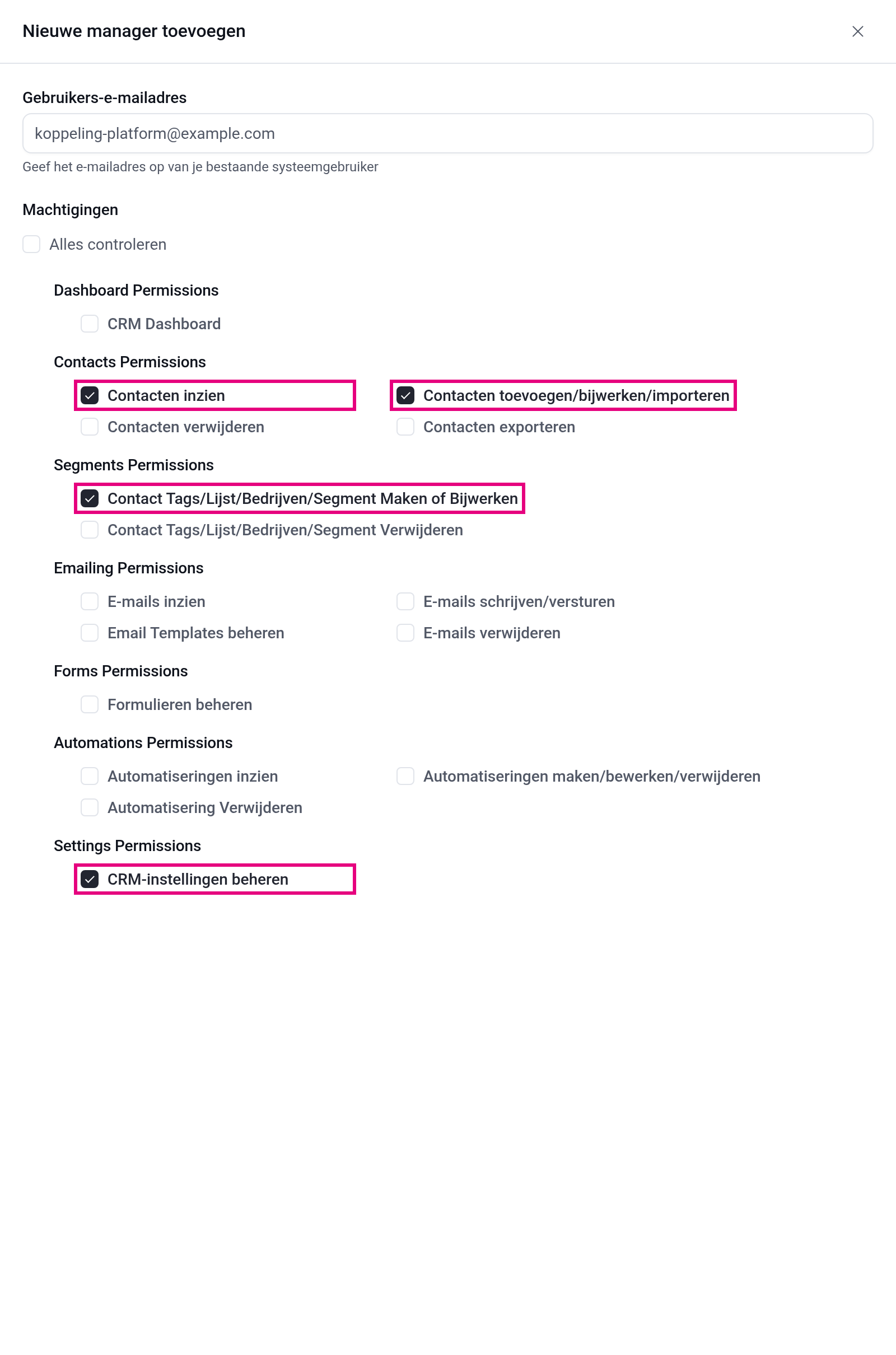 Adding a new manager with the four rights for the connection account