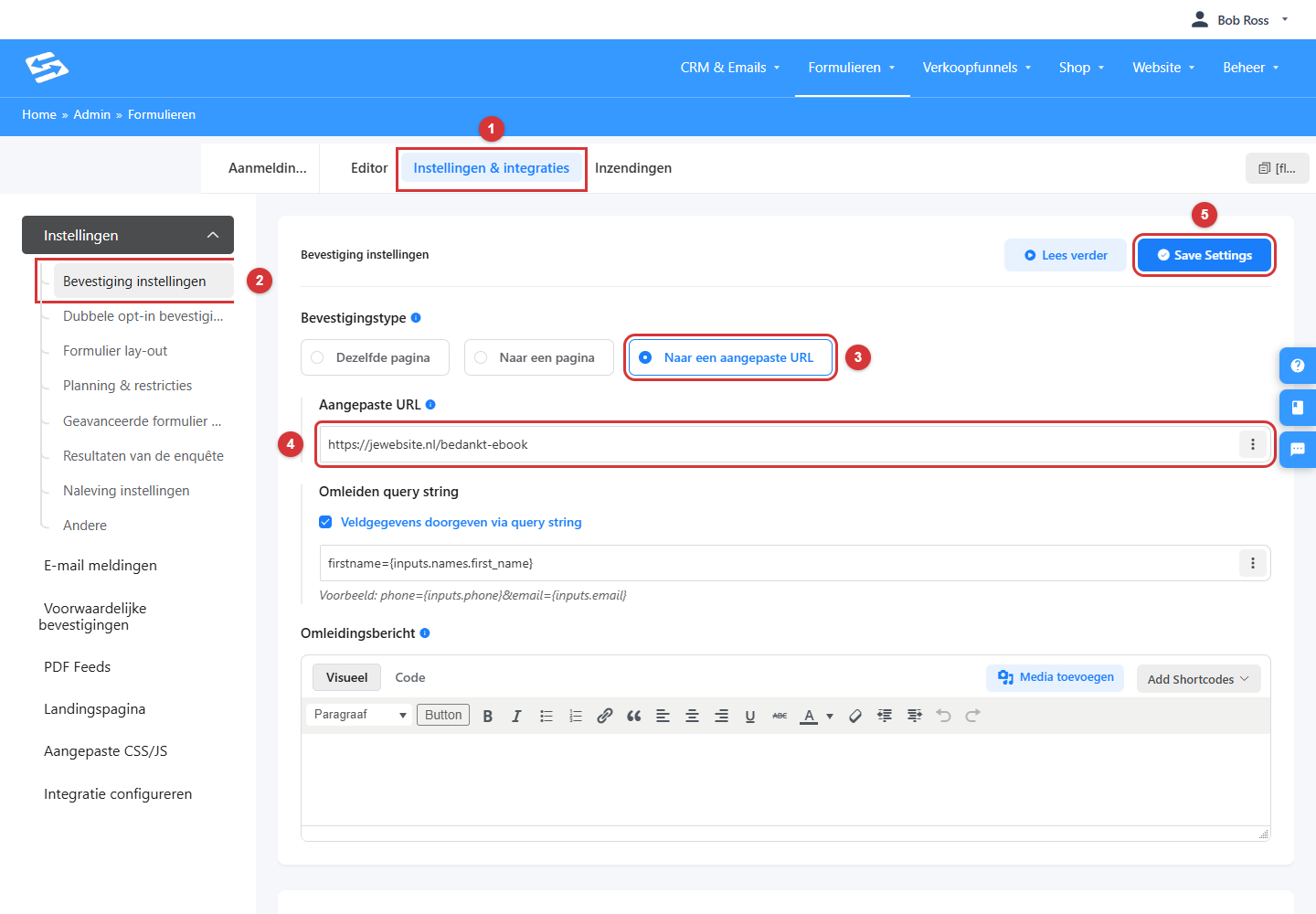 Confirmation settings of a form, with confirmation type To a custom URL and the Custom URL field filled in