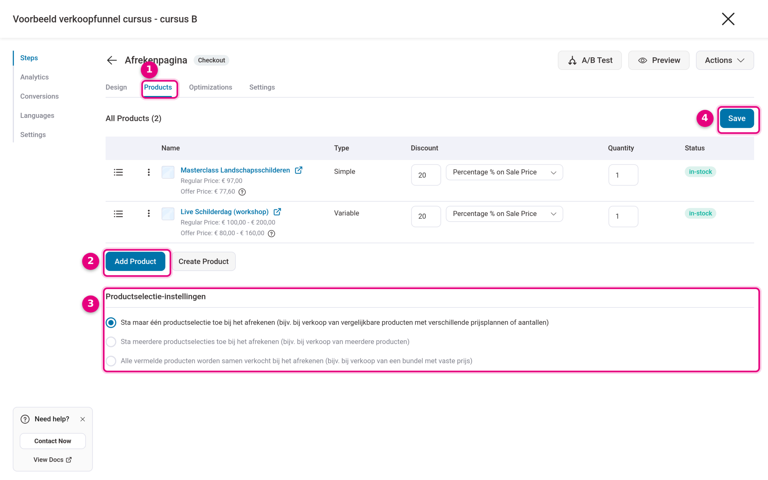 Products tab of the checkout page with linked products and product selection settings
