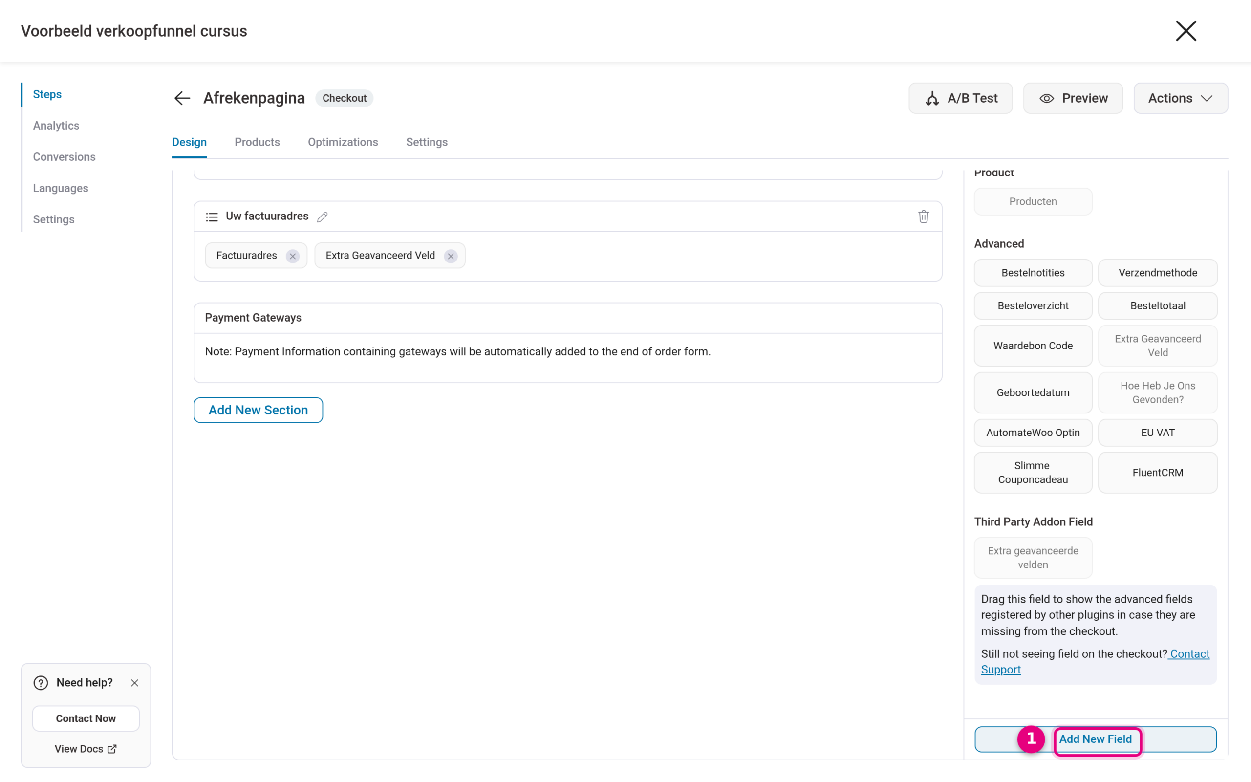 The checkout step of the funnel, Design tab, with the Checkout Form Fields block.
