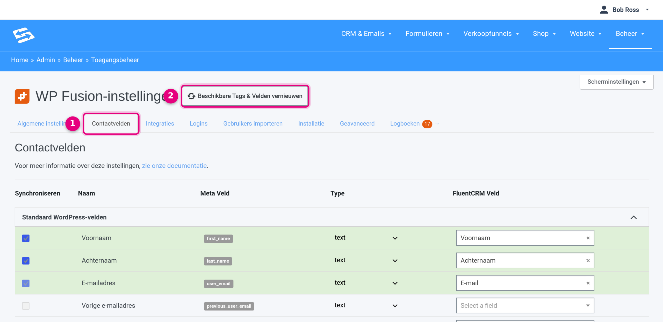 The WP Fusion settings with the Contact fields tab (1) and the Refresh Available Tags & Fields button (2).