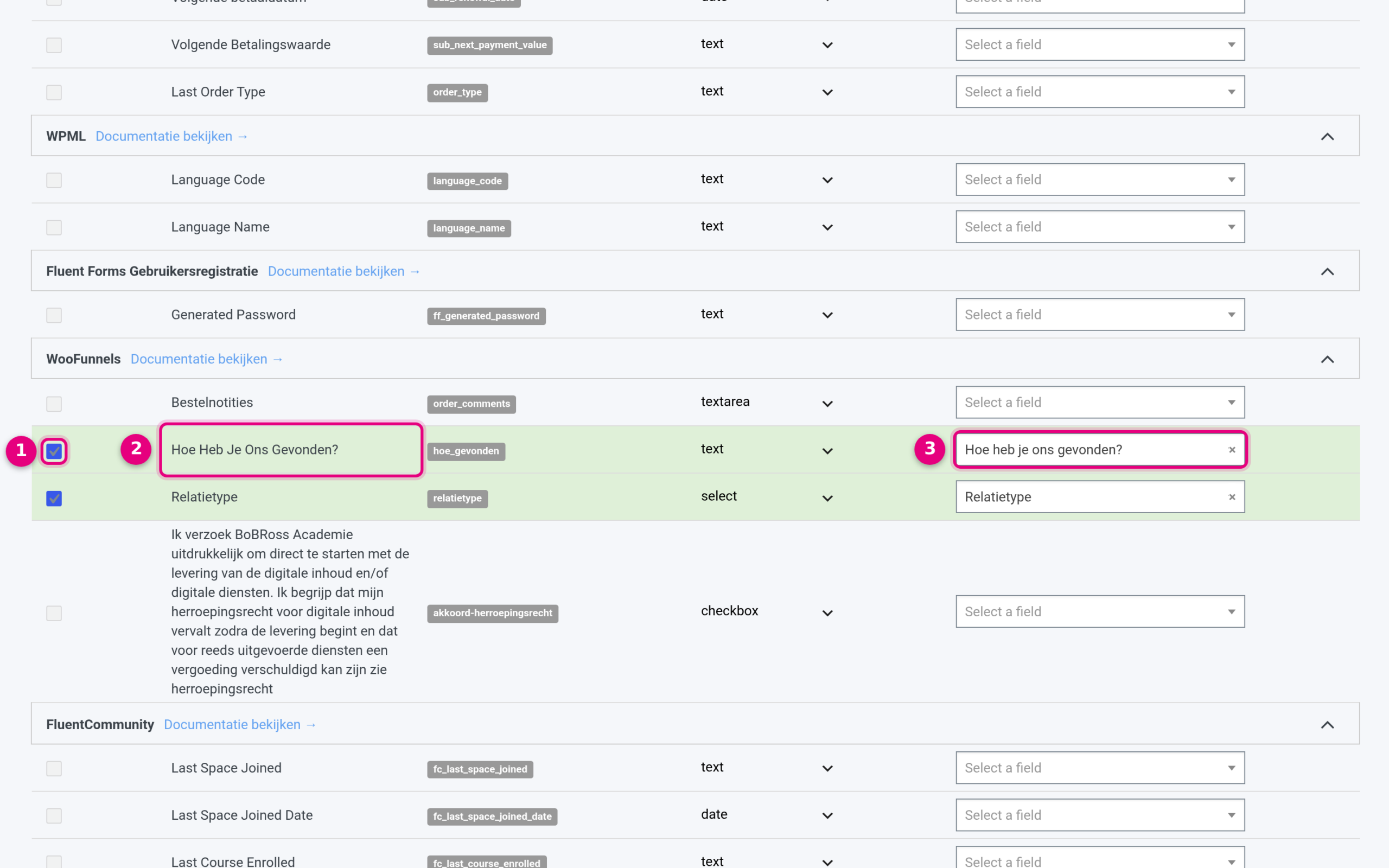 The row of the checkout field in the WooFunnels group: sync on (1), field name and Field ID (2) and the linked CRM field (3).