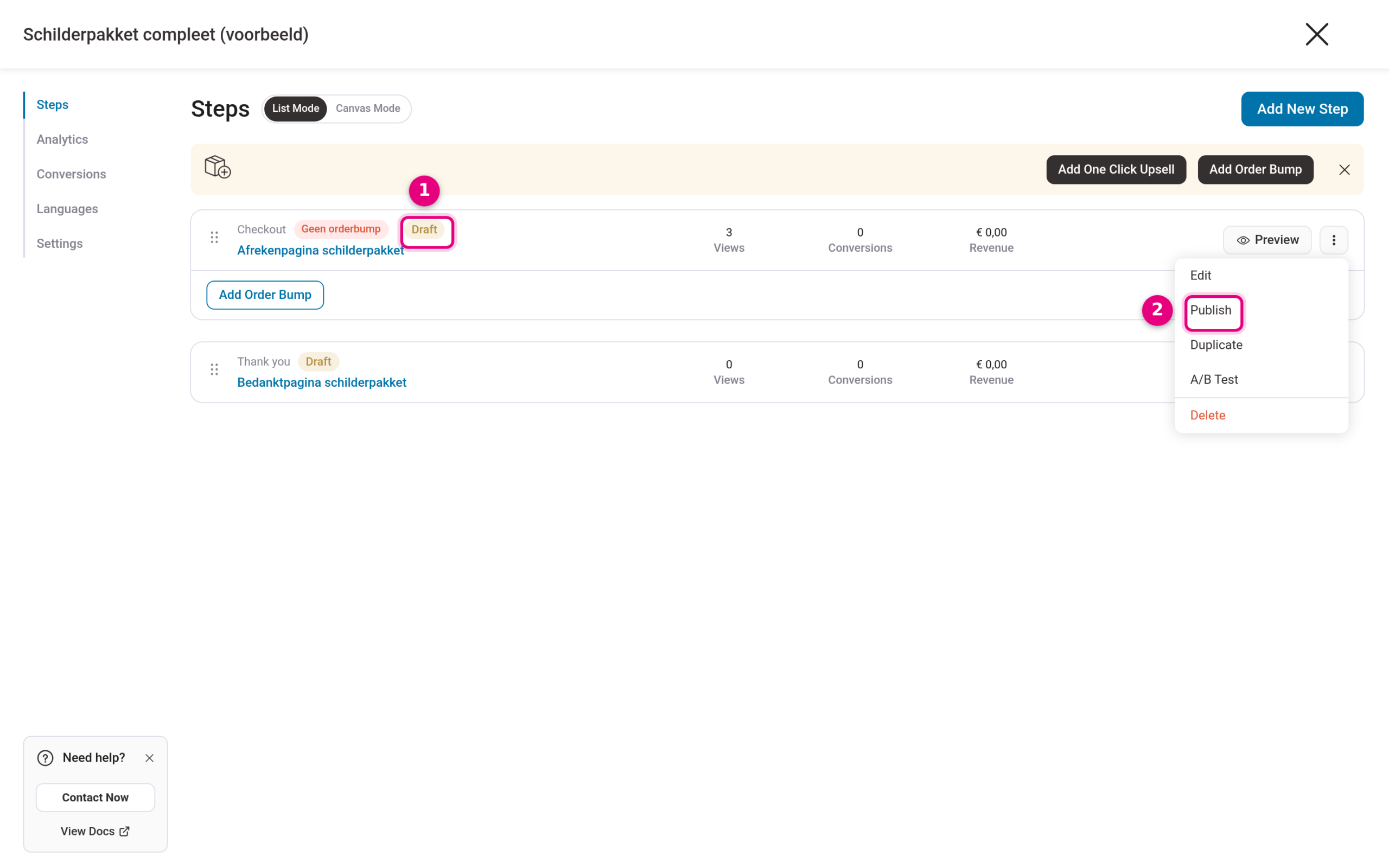 Step overview of a funnel with Draft labels and the menu with the Publish option