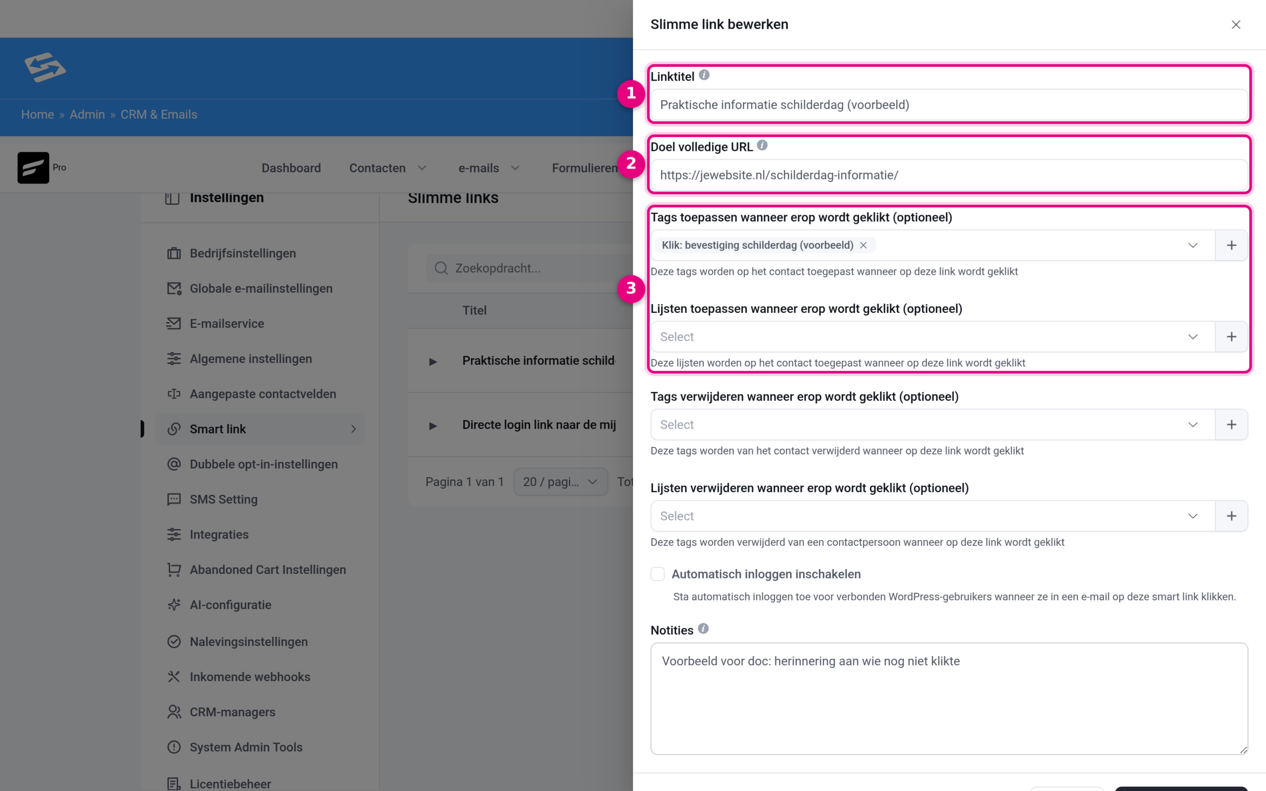 The Edit smart link panel with link title, target URL and the tag applied on click.
