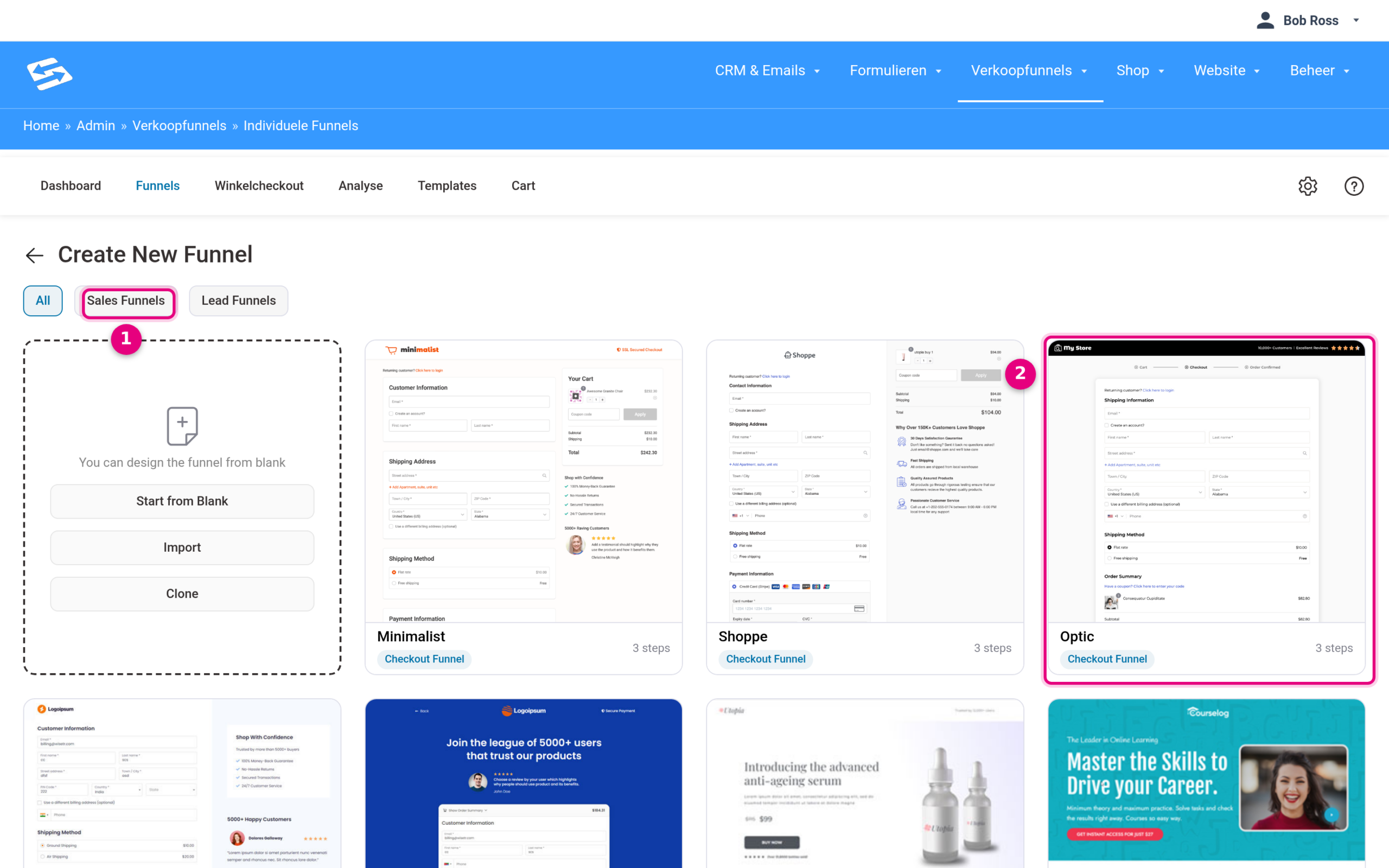 Template gallery when creating a new individual funnel