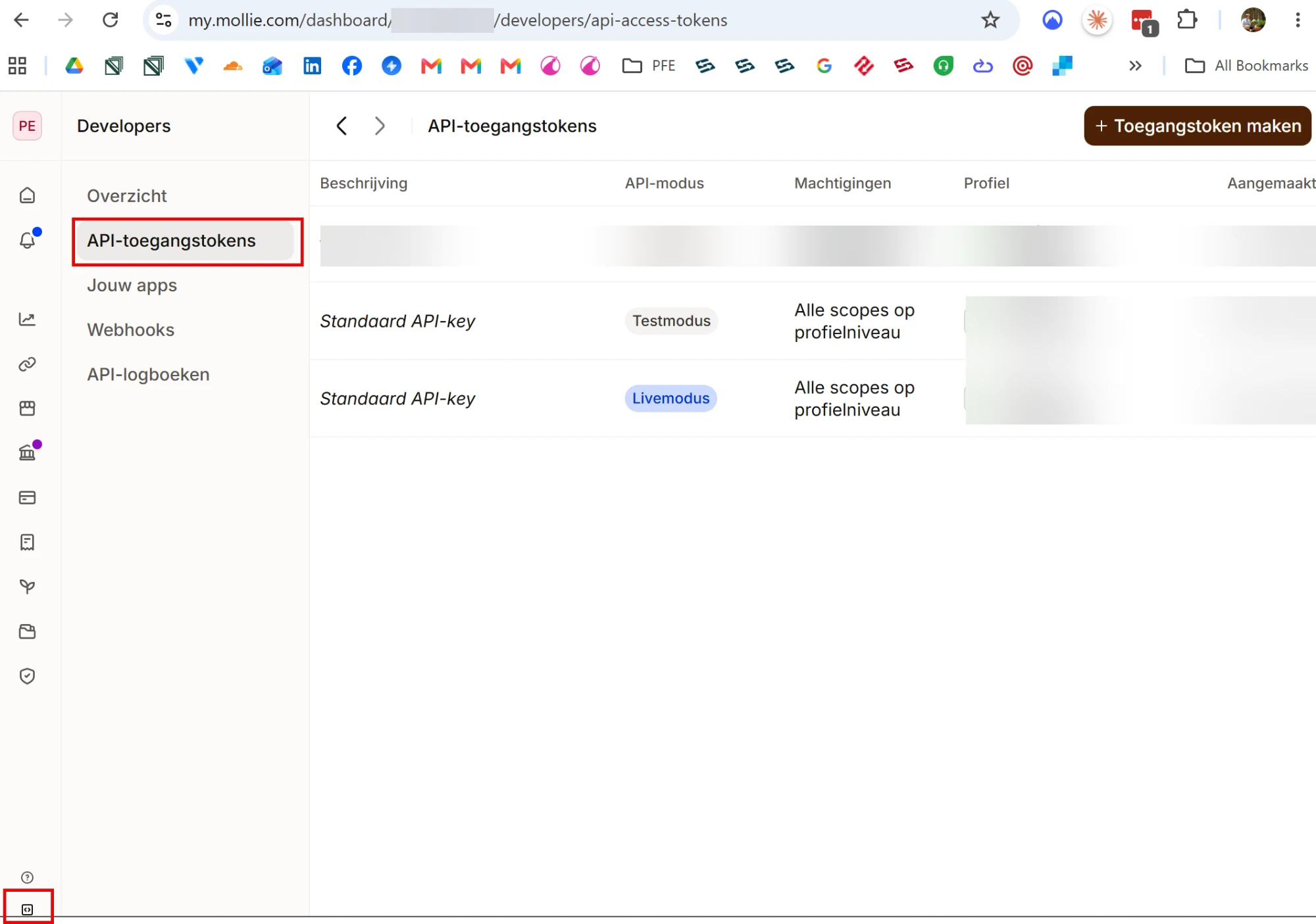 The API access tokens page in the Developers section of Mollie, with the Create access token button at the top right