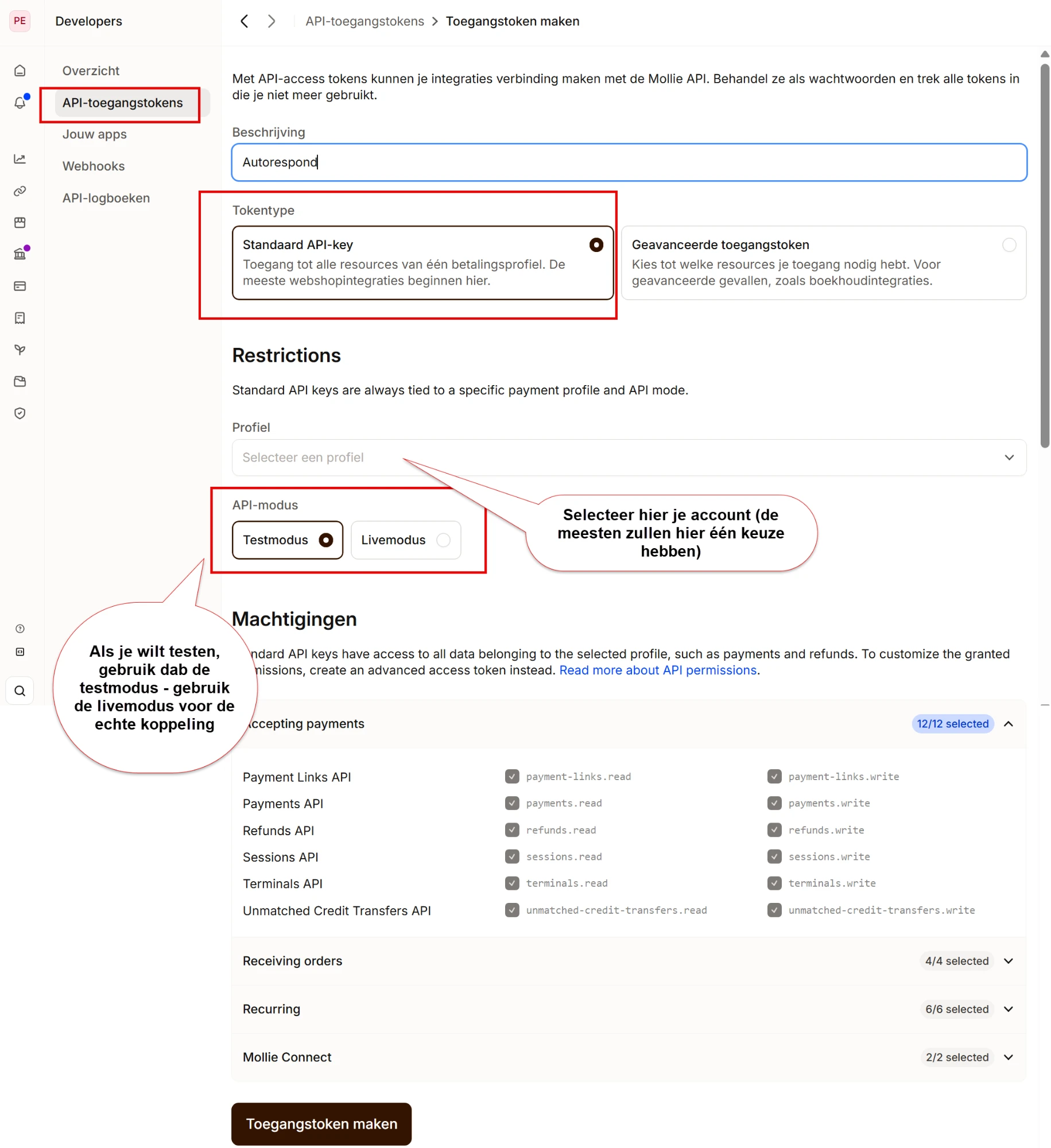 The Create access token form in Mollie, with token type Standard API key, profile selection and API mode