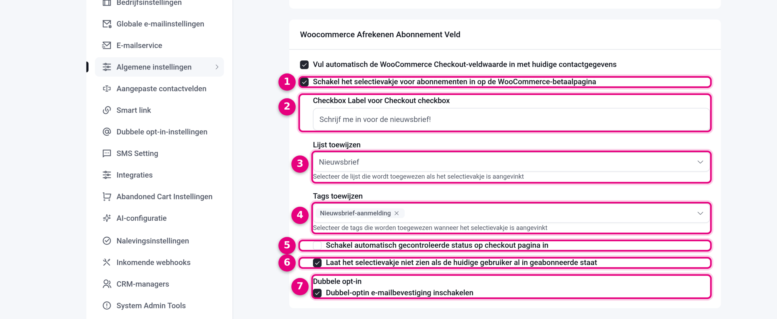CRM settings with the WooCommerce Checkout Subscription Field section
