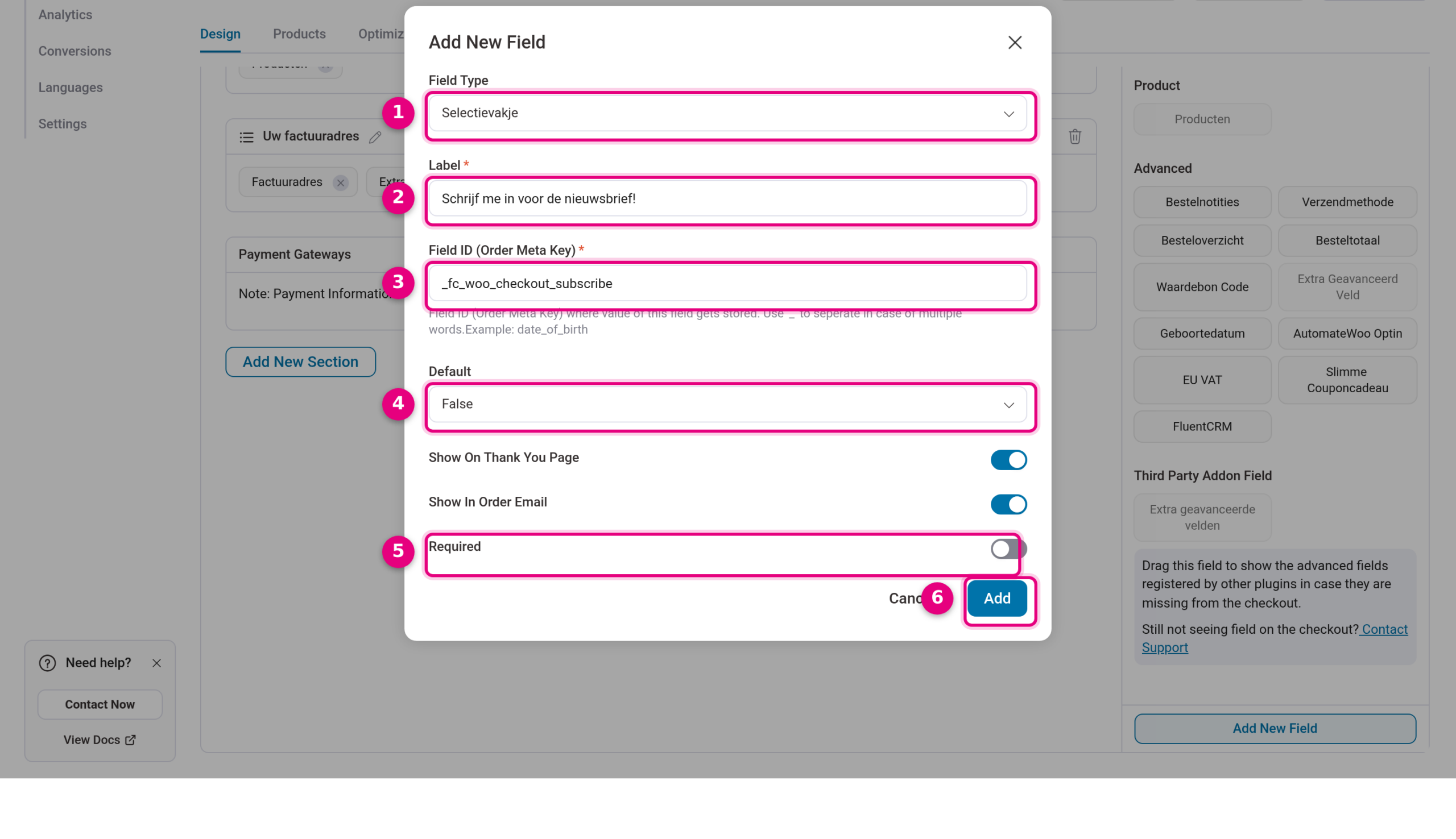 Add New Field window with the newsletter checkbox