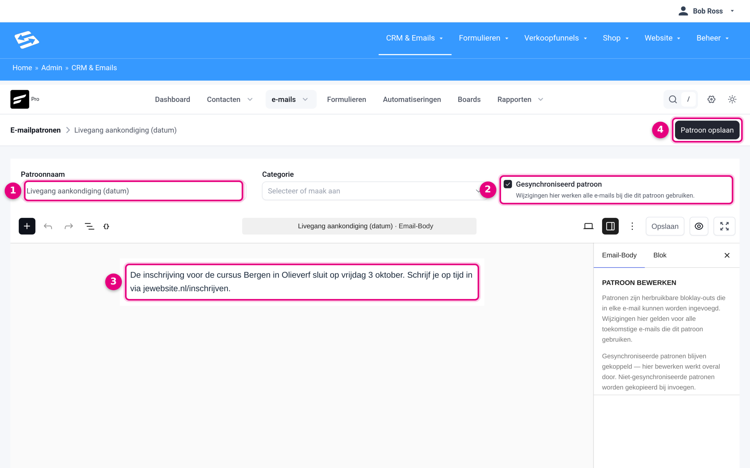 An email pattern being edited with the Synced pattern box ticked