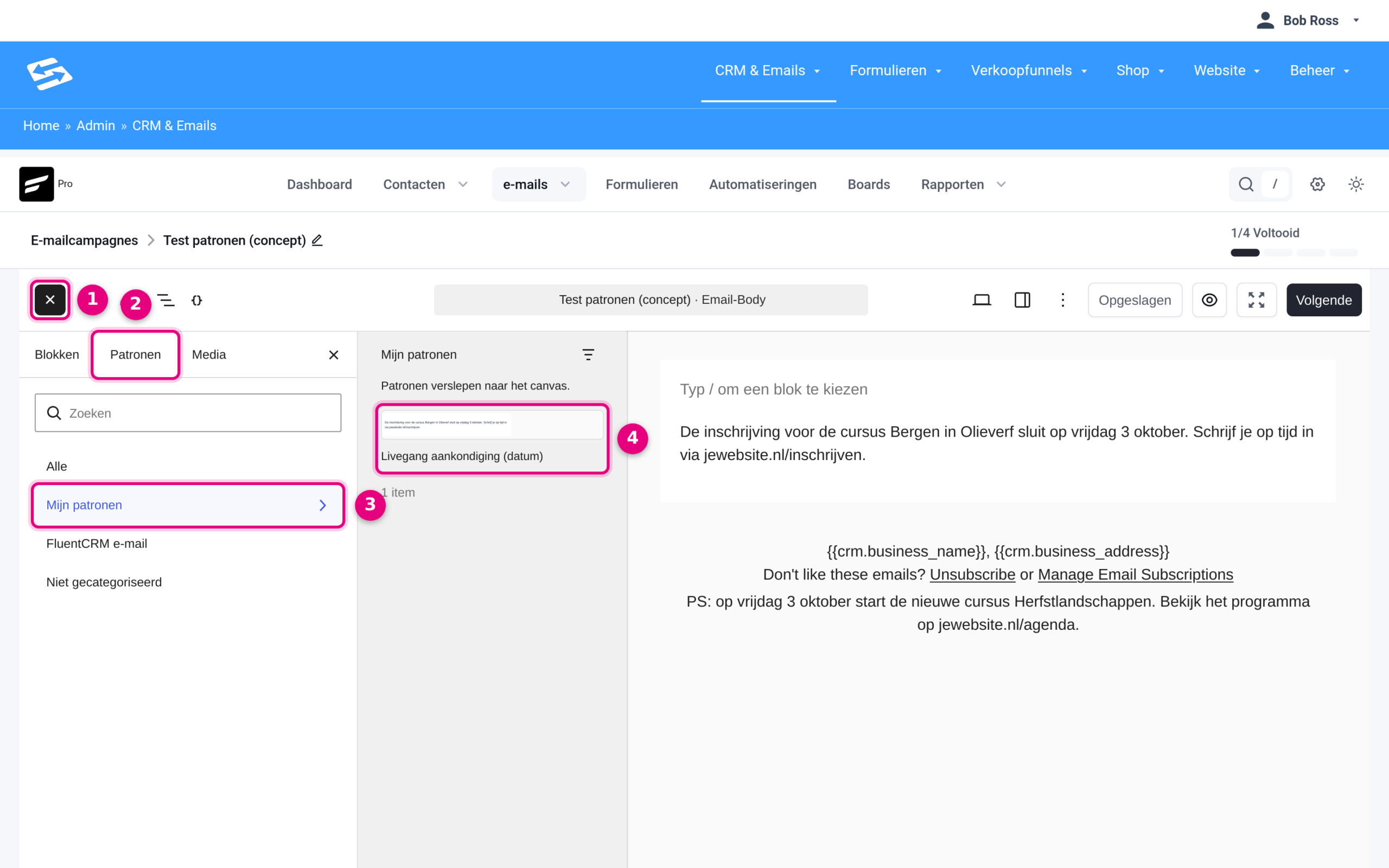 Inserting a pattern into an email through the block inserter