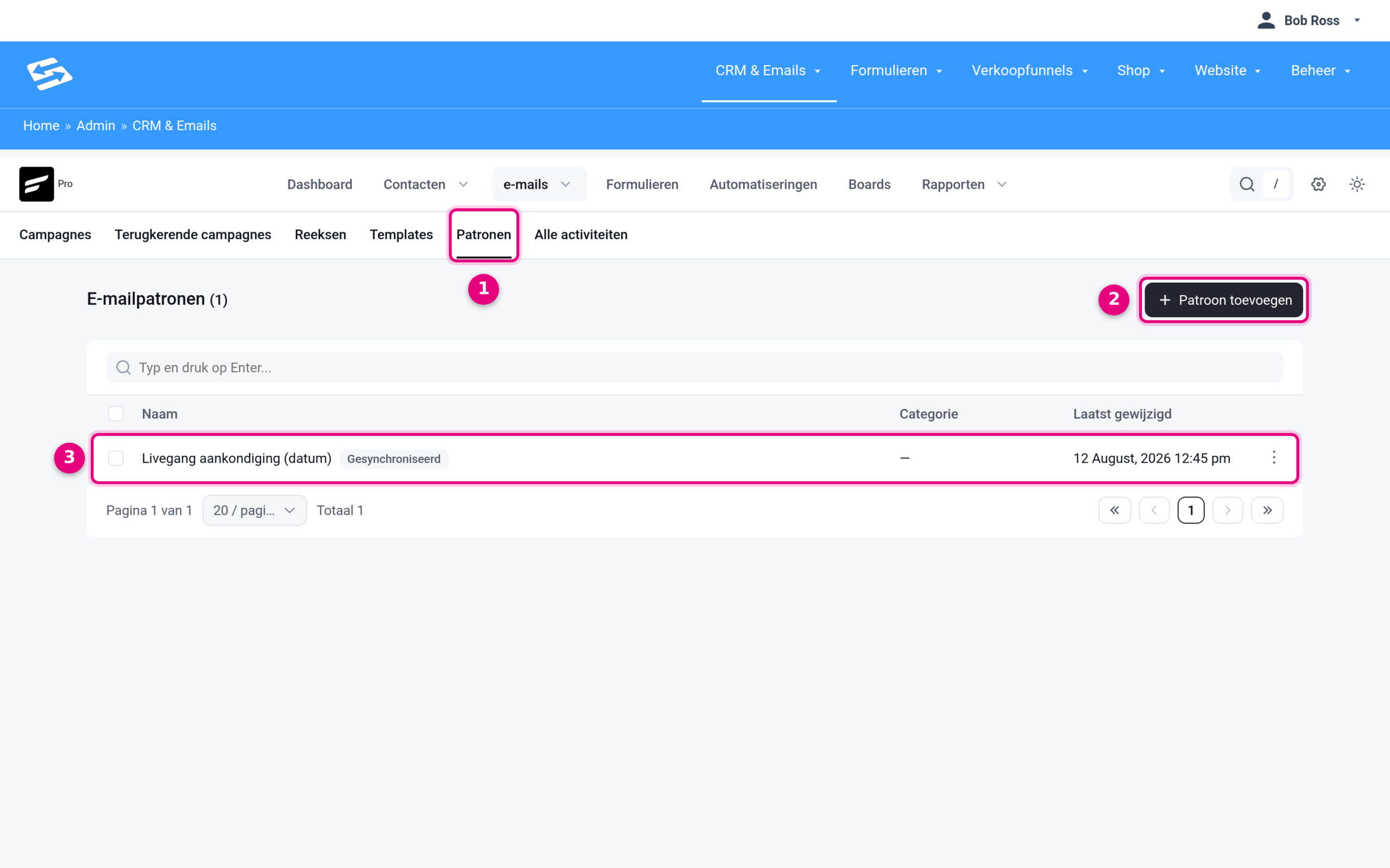 The Patterns tab with the overview of email patterns
