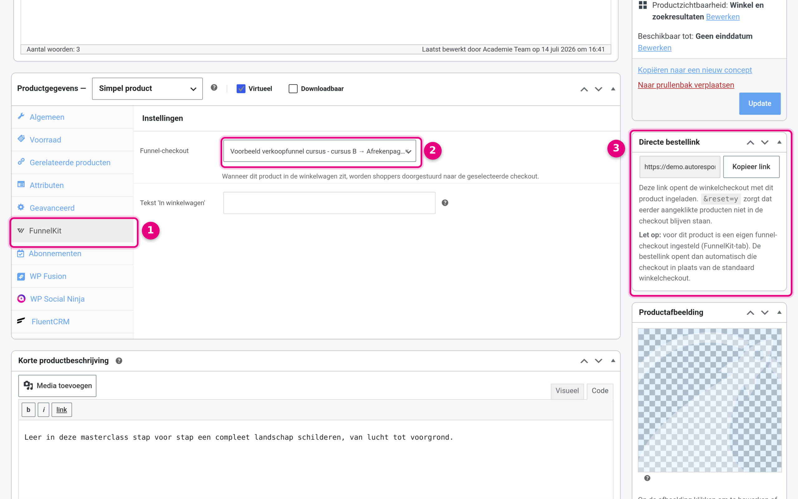 FunnelKit tab on the product screen with the Funnel checkout field and the Direct order link block