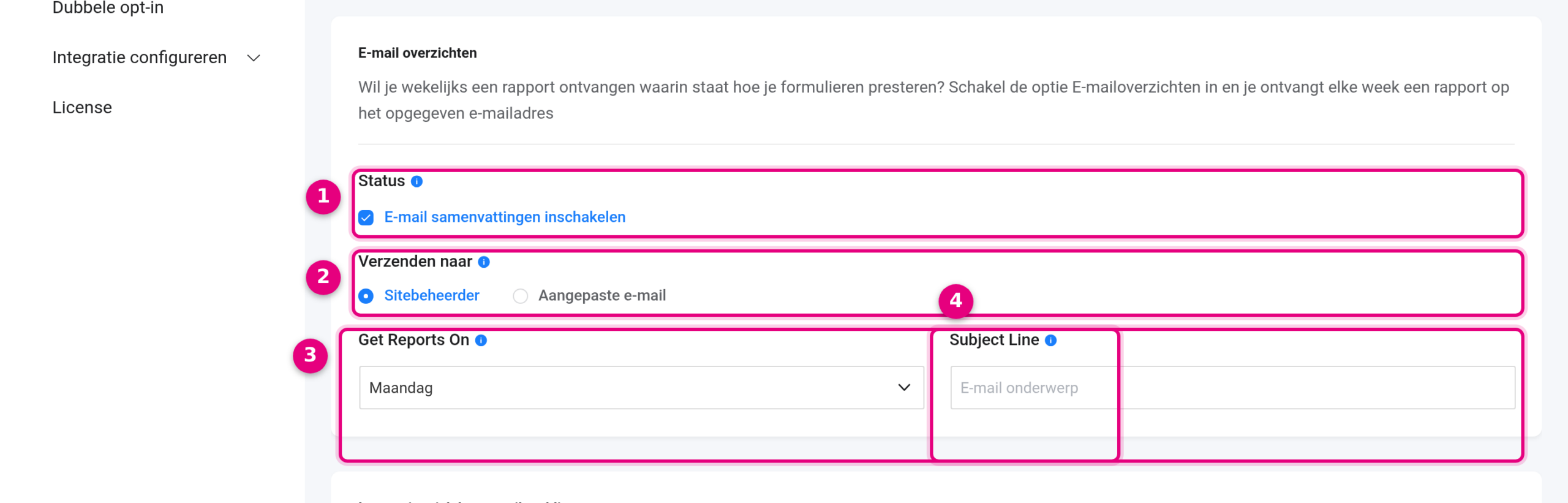 The Email summaries section in the form settings