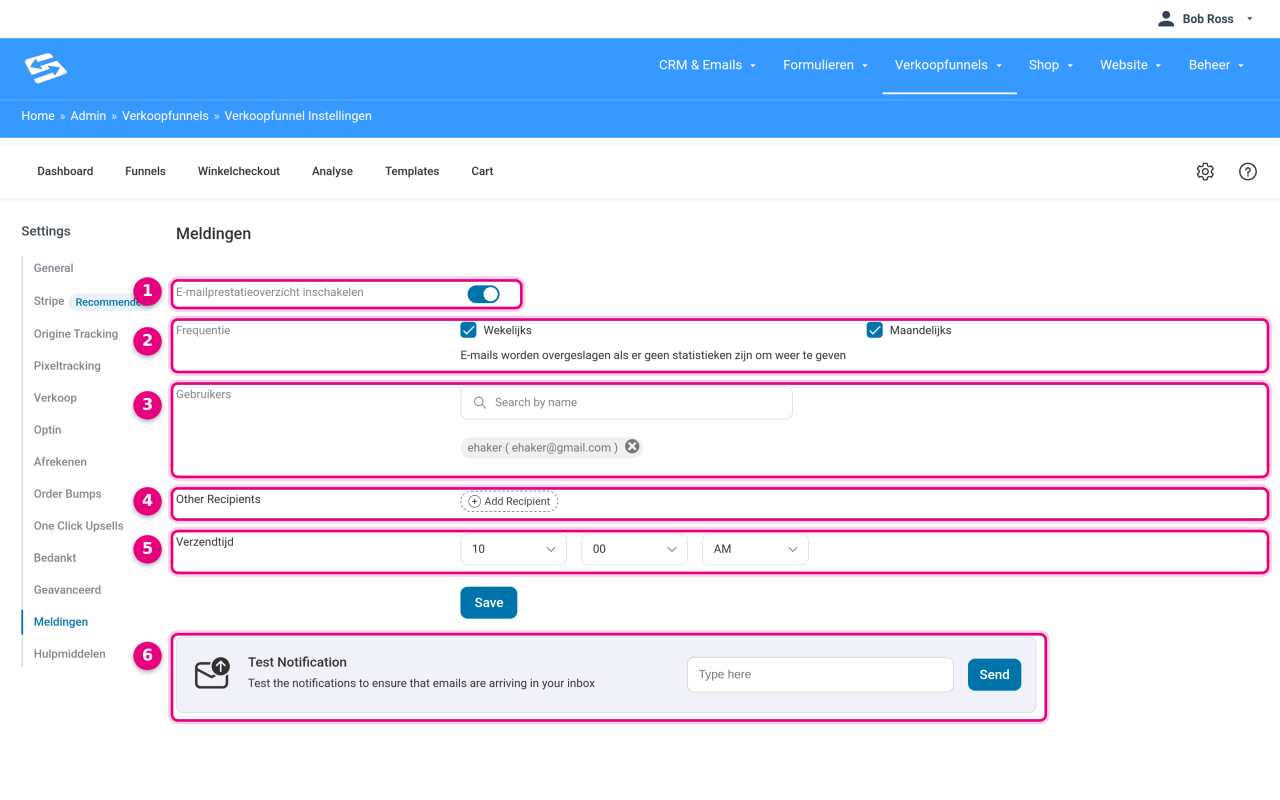 The Notifications screen in the sales funnel settings