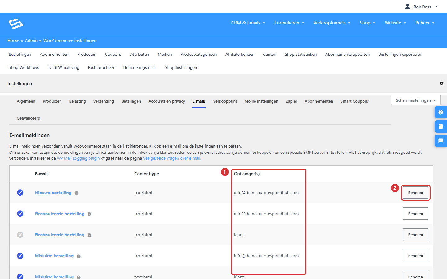 The Emails tab with the Recipient(s) column (1) and the Manage button (2)