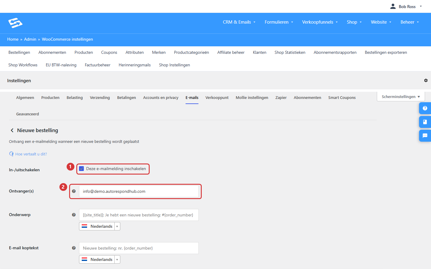 The settings of the New order notification with the enable checkbox (1) and the Recipient(s) field (2)