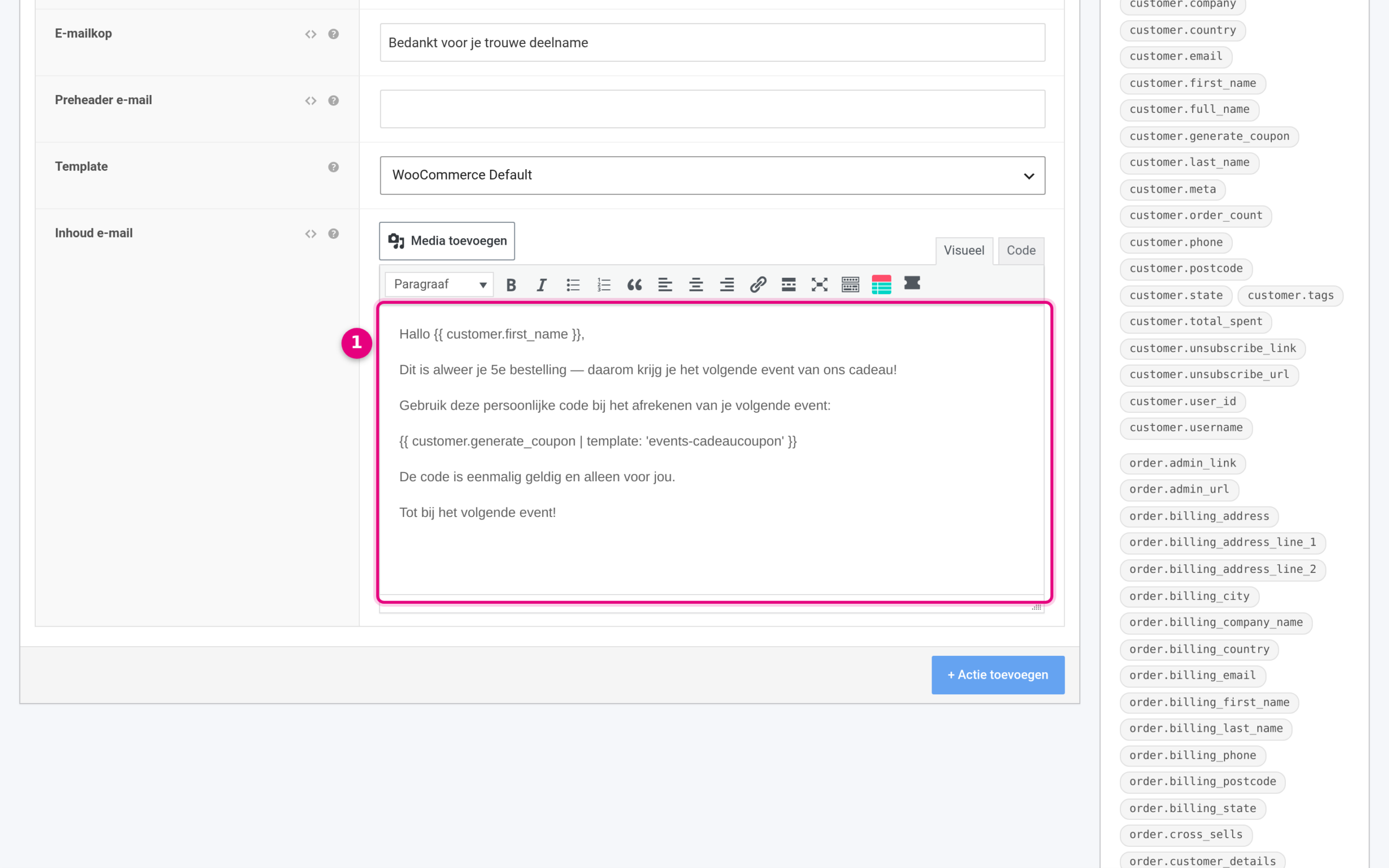 The email action of the workflow with the variable customer.generate_coupon in the content